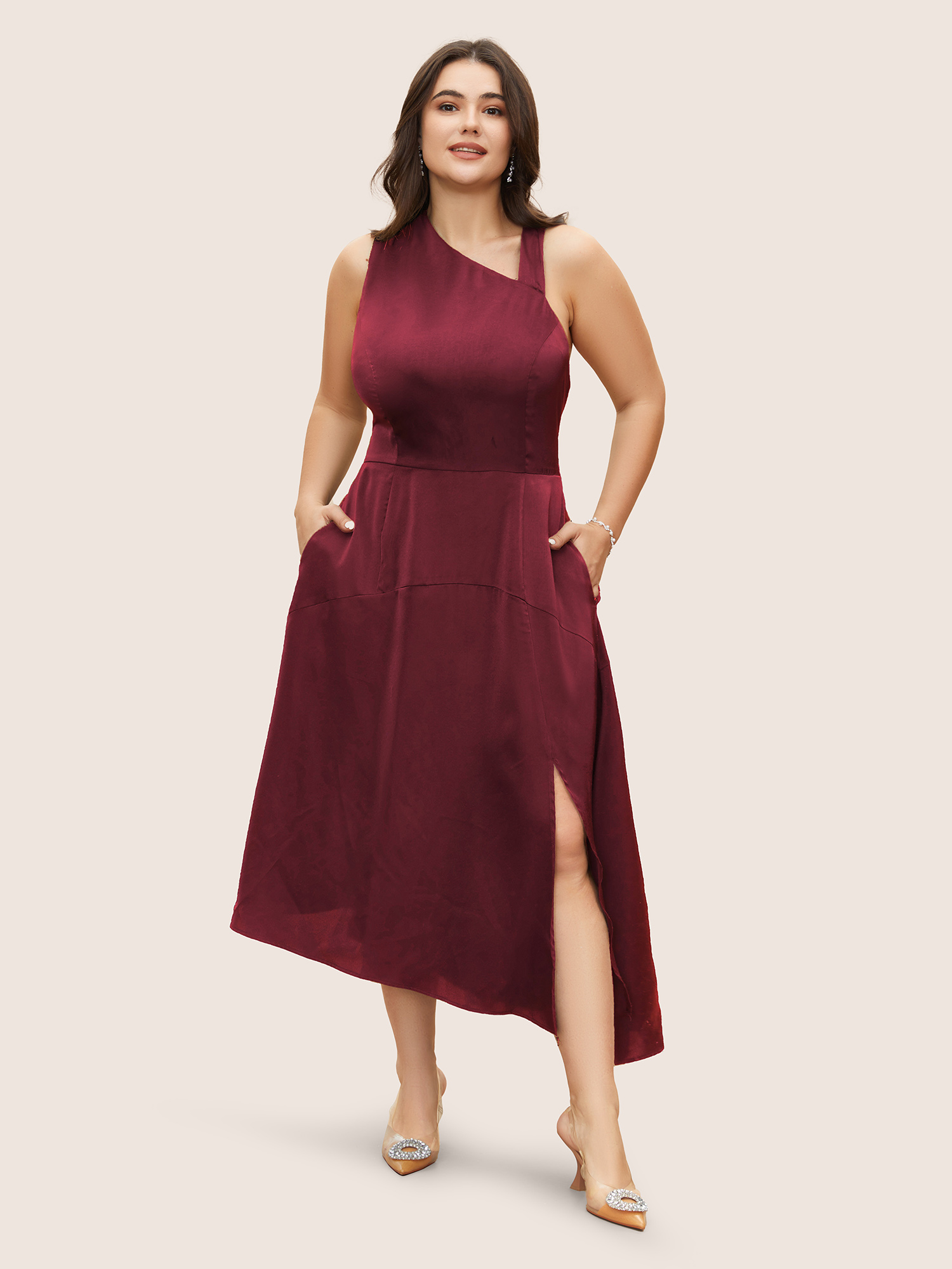 

Plus Size Solid Asymmetrical Neck Split Hem Dress Scarlet Women Formal Asymmetrical Neck Sleeveless Curvy Midi Dress BloomChic