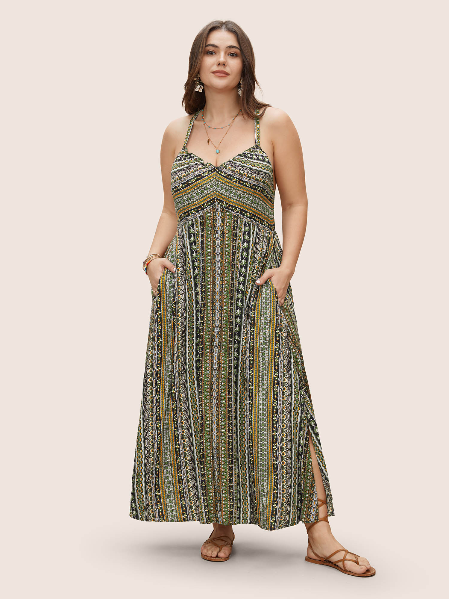 

Plus Size Boho Print Elastic Waist Split Hem Cami Dress Truegreen Women Resort Non V-neck Sleeveless Curvy BloomChic