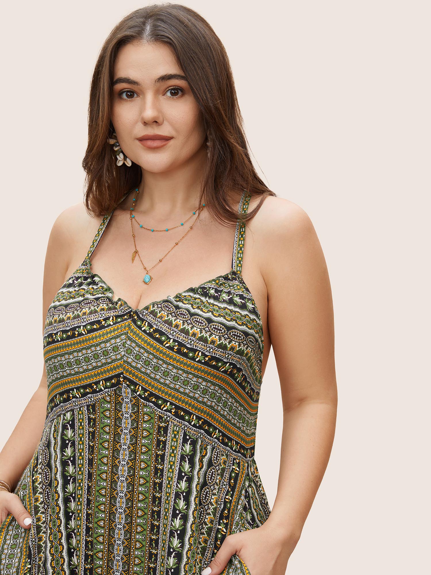 Plus Size Boho Print Elastic Waist Split Hem Cami Dress Truegreen Women Non V-neck Sleeveless Curvy BloomChic 14-16/1X 