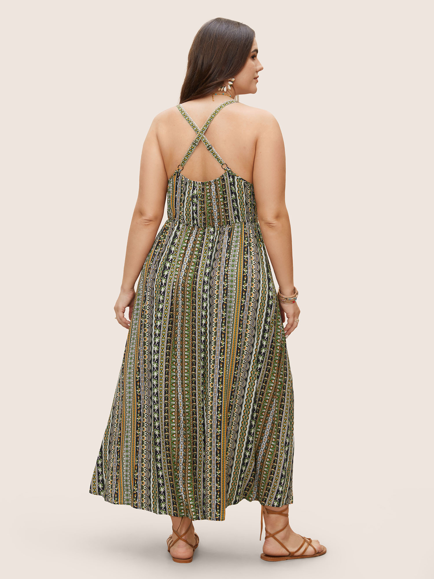 Plus Size Boho Print Elastic Waist Split Hem Cami Dress Truegreen Women Non V-neck Sleeveless Curvy BloomChic 14-16/1X 