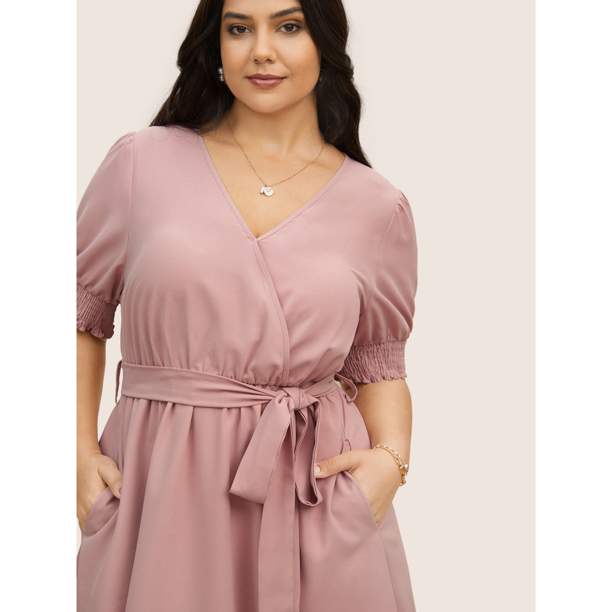 

Plus Size Solid Overlap Collar Puff Sleeve Belted Dress Pink Women Shirred Overlap Collar Short sleeve Curvy BloomChic