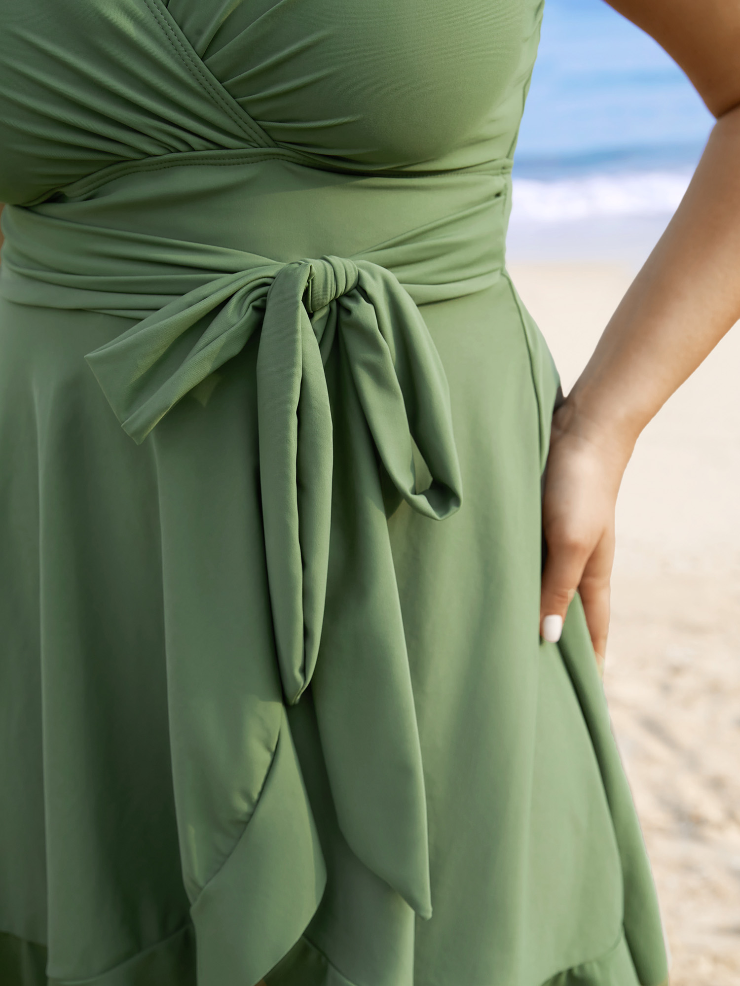 Plain Ties Wrap Flutters Swim Dress 