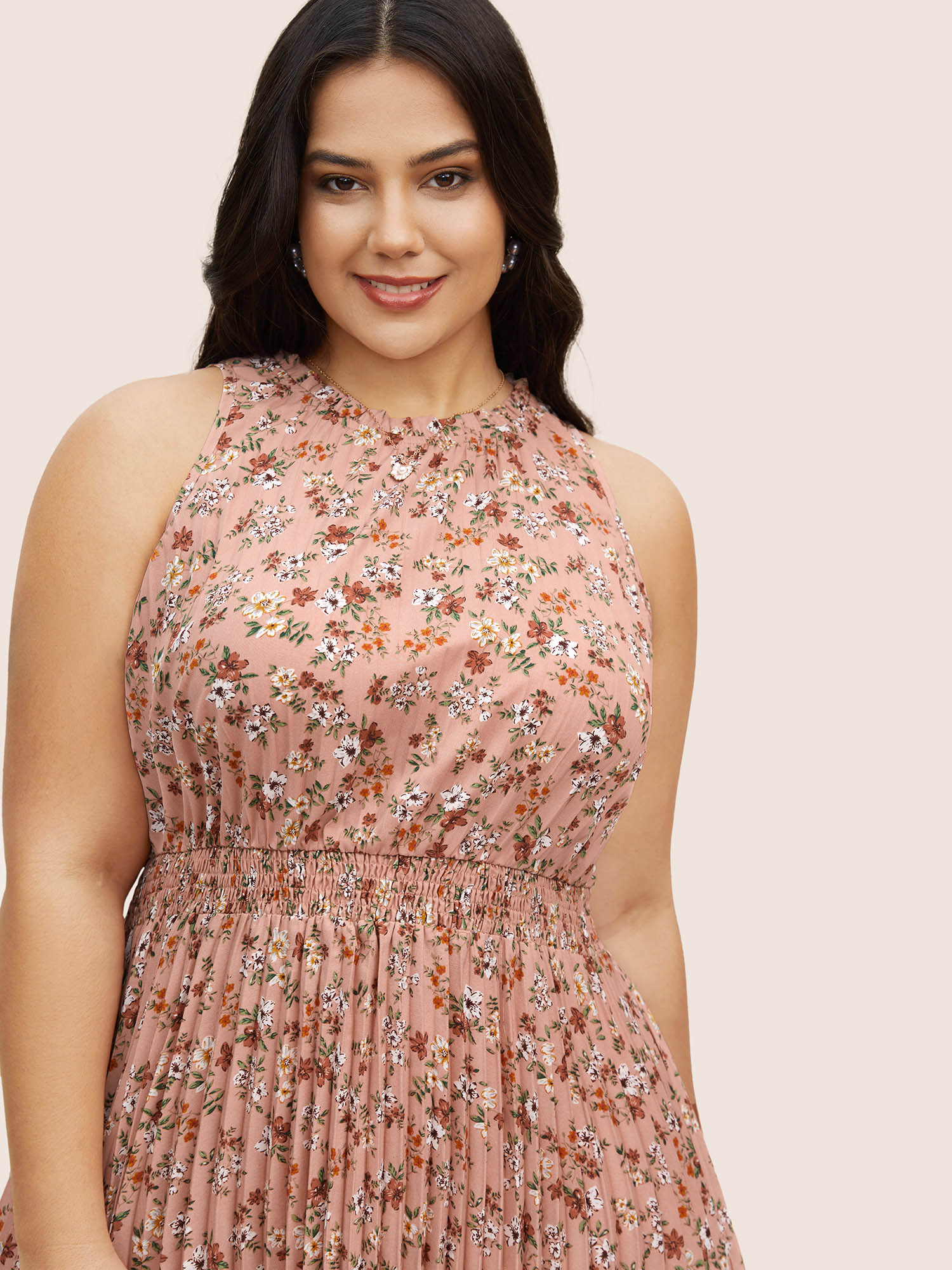 Plus Size Ditsy Floral Pleated Frill Trim Sleeveless Dress Crepe Women Frill Trim Mock Neck Sleeveless Curvy BloomChic 18-20/2X 