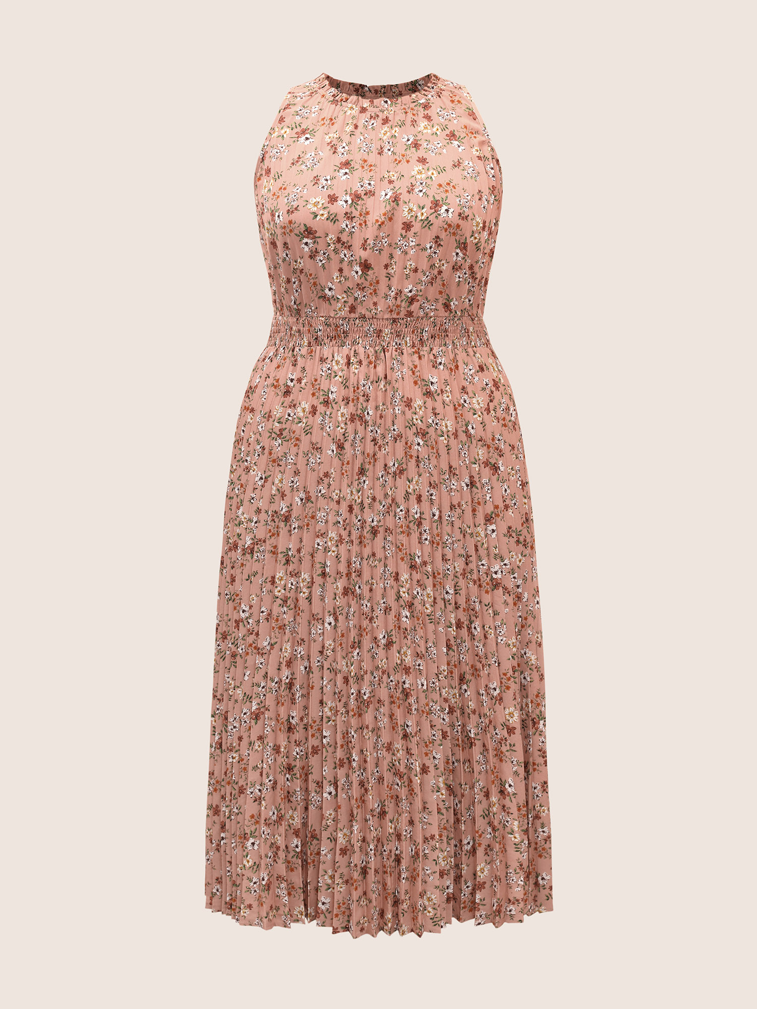 Plus Size Ditsy Floral Pleated Frill Trim Sleeveless Dress Crepe Women Frill Trim Mock Neck Sleeveless Curvy BloomChic 18-20/2X 