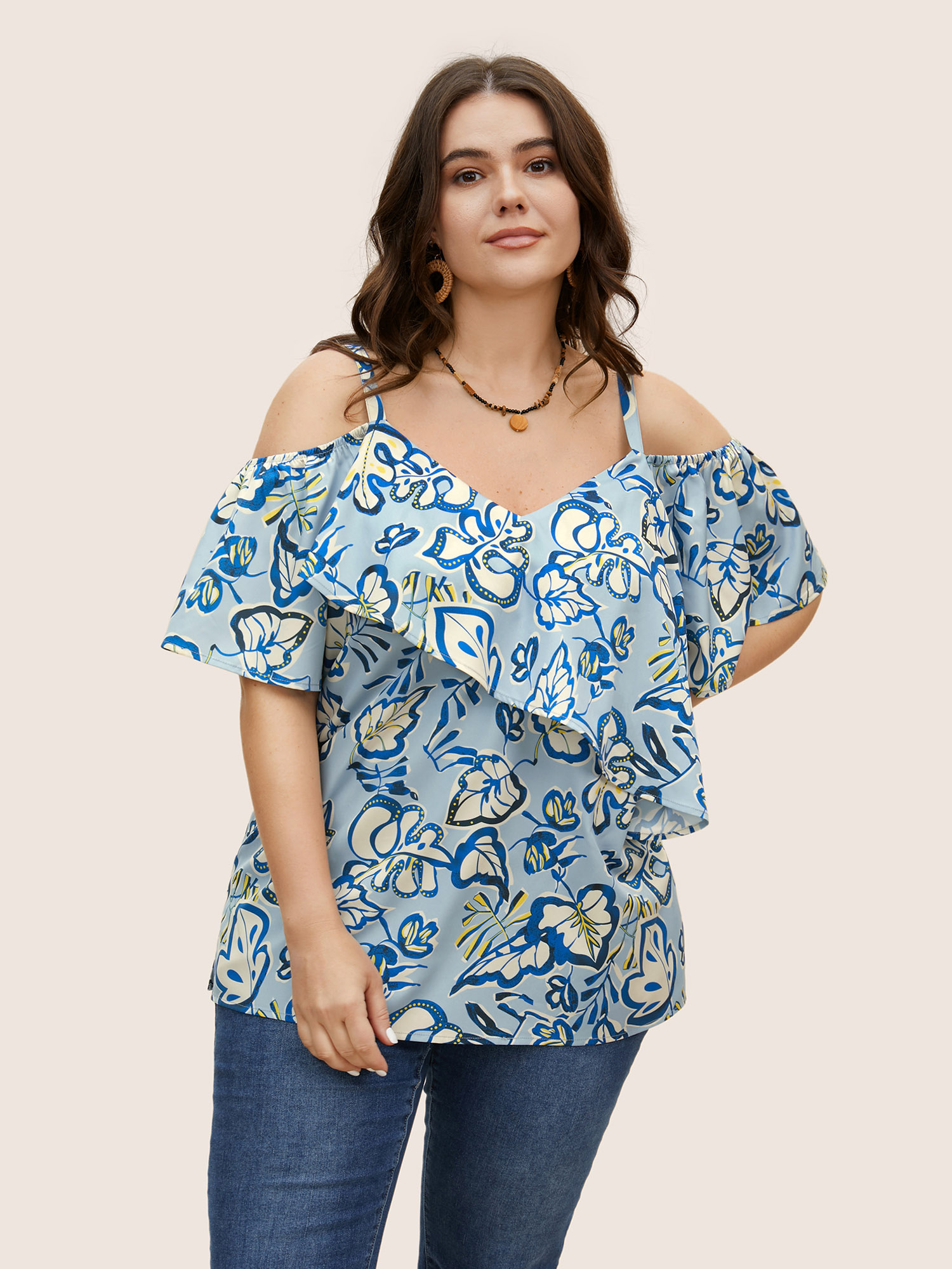 

Plus Size LightBlue Floral Ruffle Sleeve Adjustable Straps Blouse Women Resort Short sleeve V-neck Vacation Blouses BloomChic