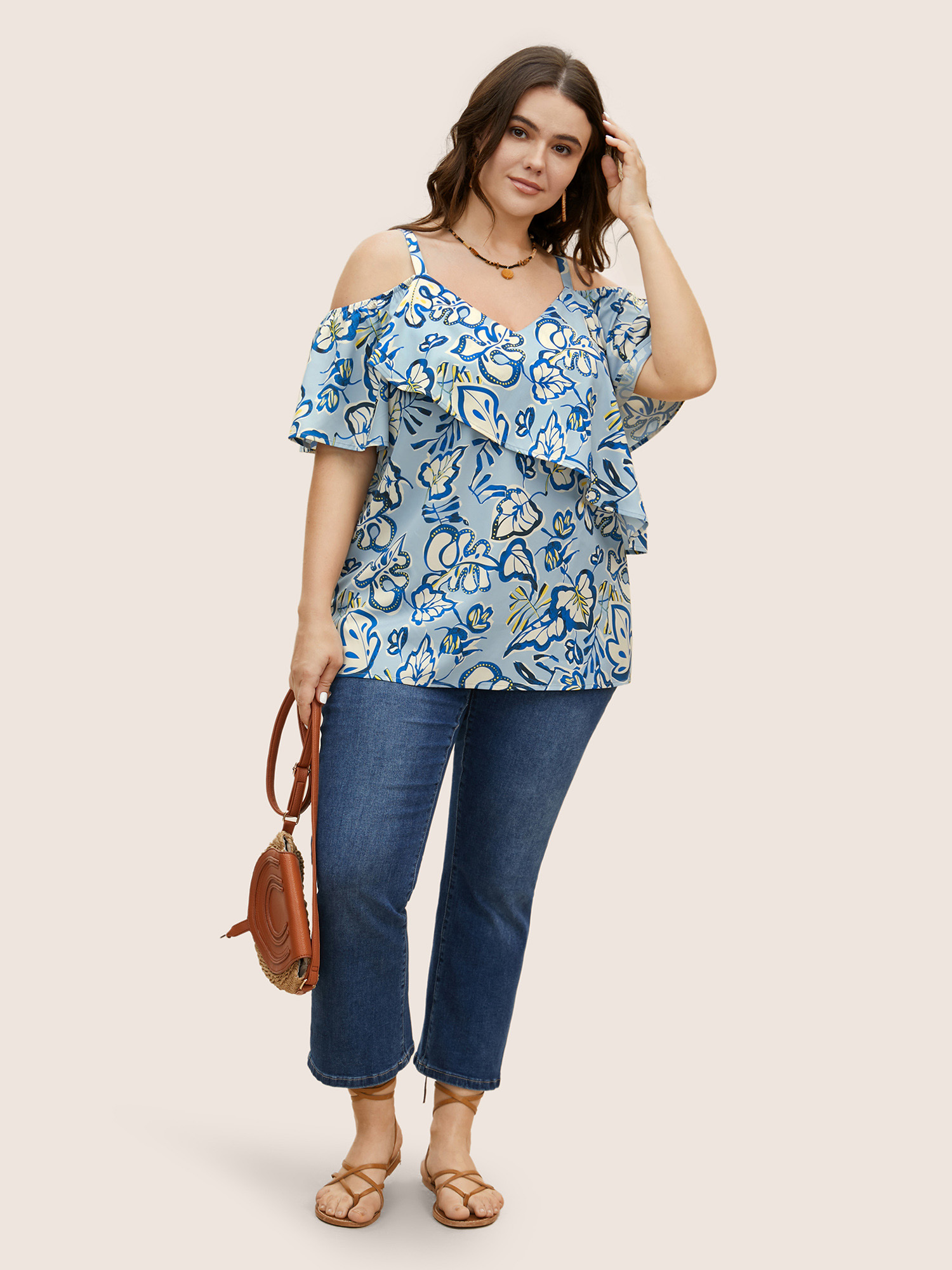 Plus Size LightBlue Floral Ruffle Sleeve Adjustable Straps Blouse Women Resort Short sleeve V-neck Vacation Blouses BloomChic 10/M 