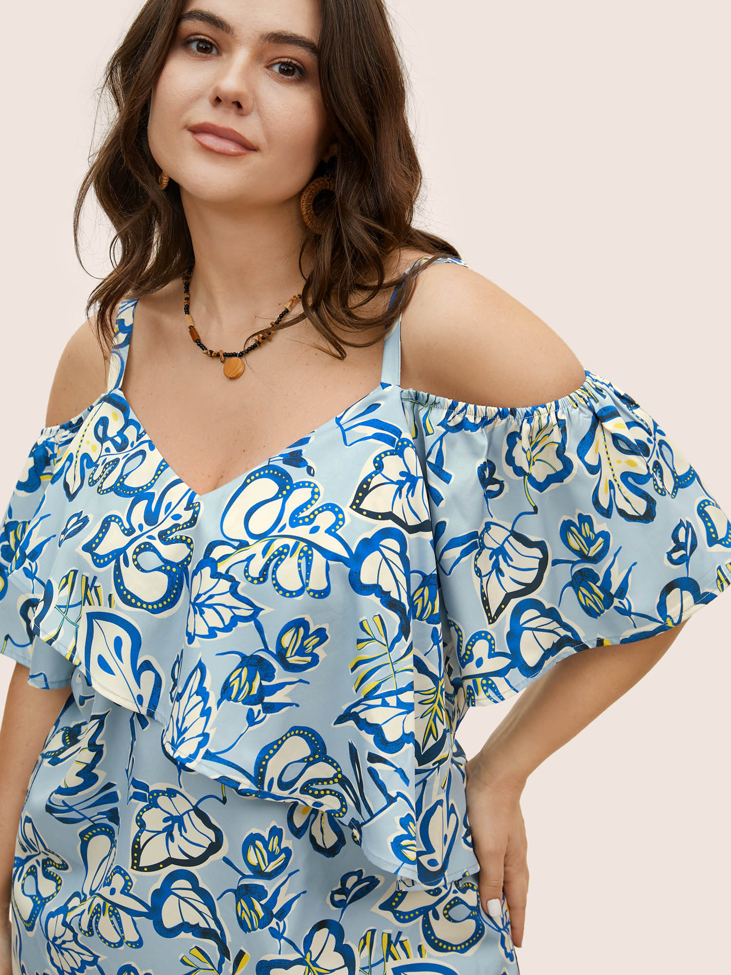 Plus Size LightBlue Floral Ruffle Sleeve Adjustable Straps Blouse Women Resort Short sleeve V-neck Vacation Blouses BloomChic 10/M 
