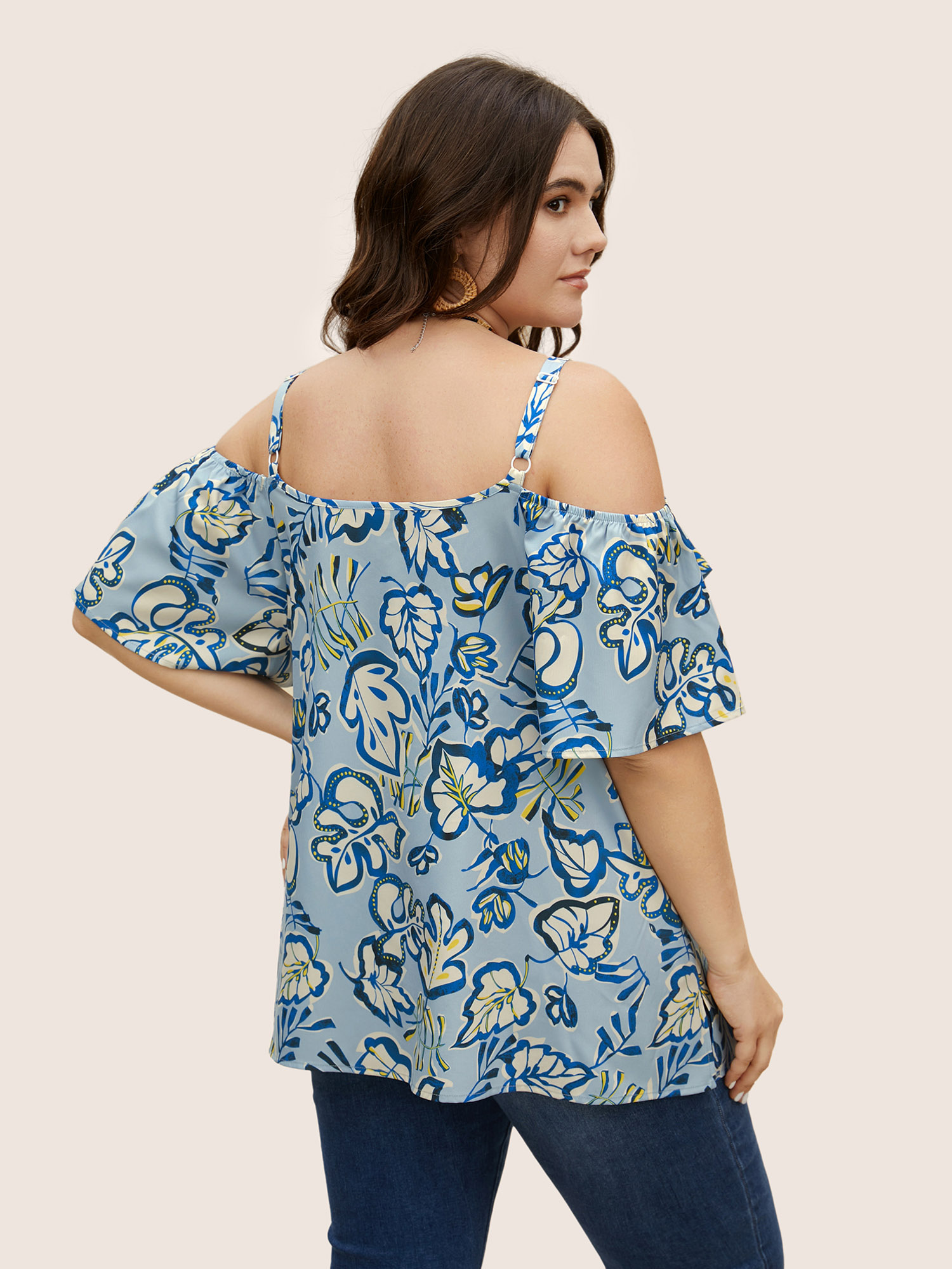 Plus Size LightBlue Floral Ruffle Sleeve Adjustable Straps Blouse Women Resort Short sleeve V-neck Vacation Blouses BloomChic 10/M 