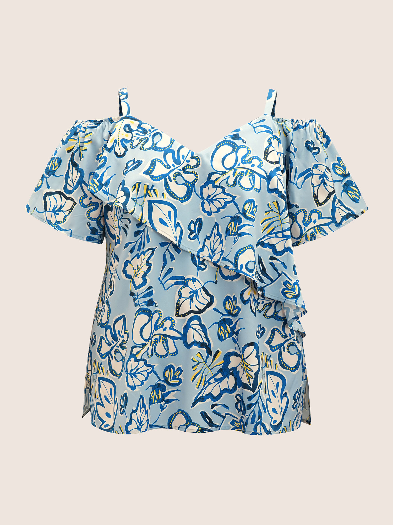 Plus Size LightBlue Floral Ruffle Sleeve Adjustable Straps Blouse Women Resort Short sleeve V-neck Vacation Blouses BloomChic 10/M 