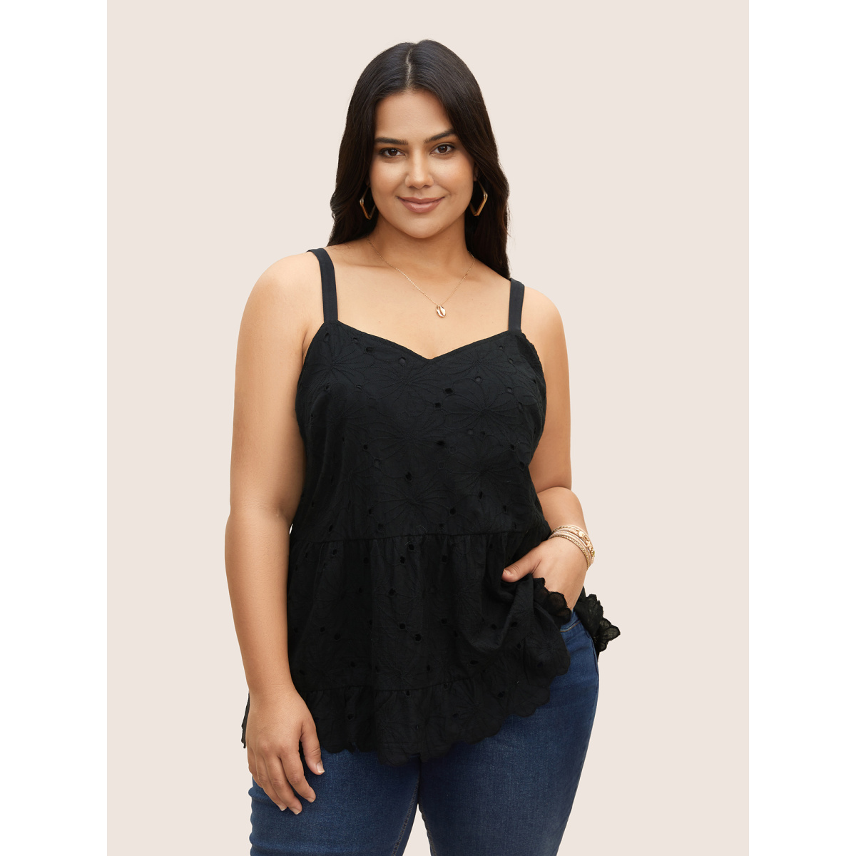 

Plus Size Solid Floral Cotton Blended Cami Top Women Black Resort Woven ribbon&lace trim Heart neckline Vacation Tank Tops Camis BloomChic