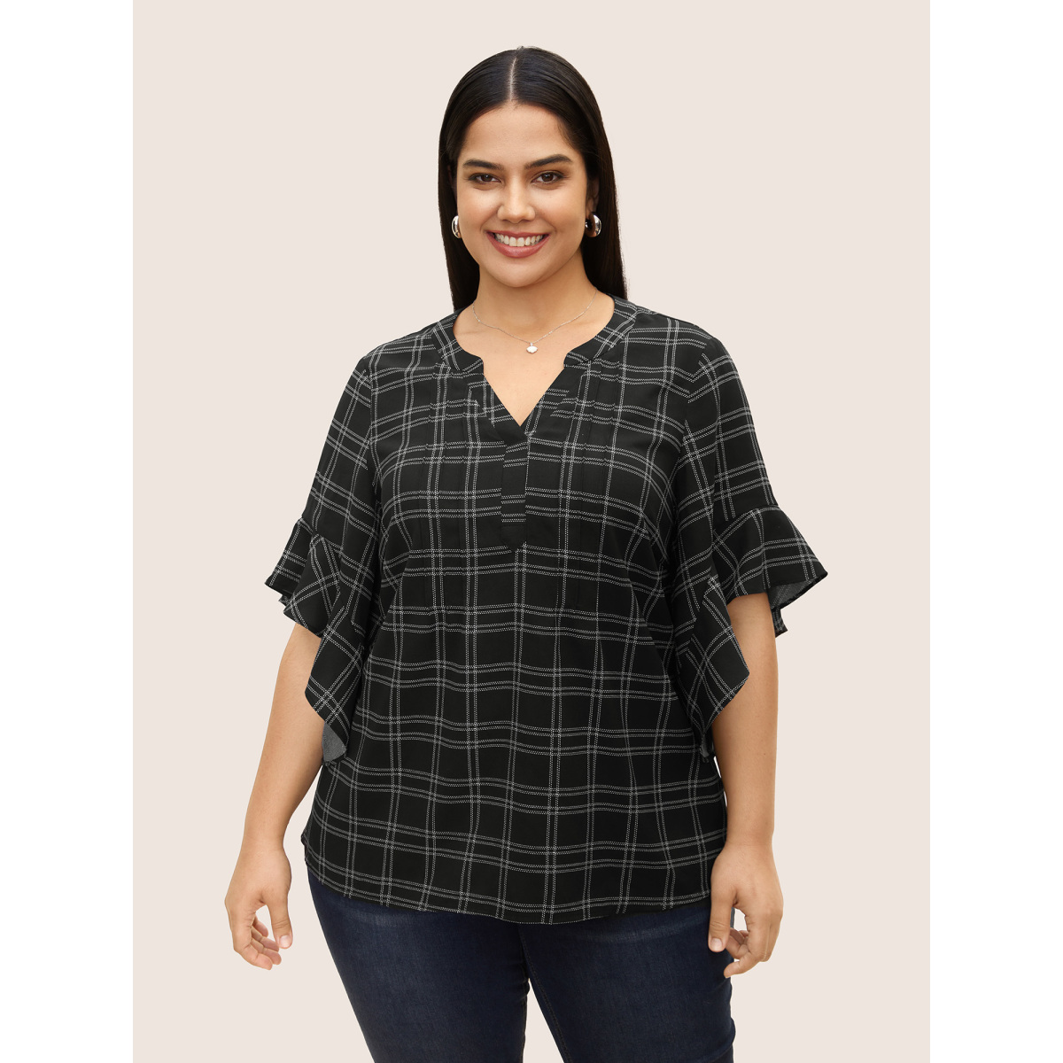 

Plus Size Black Plaid Notched Patchwork Ruffle Sleeve Blouse Women At the Office Half Sleeve Flat collar with V-notch Work Blouses BloomChic