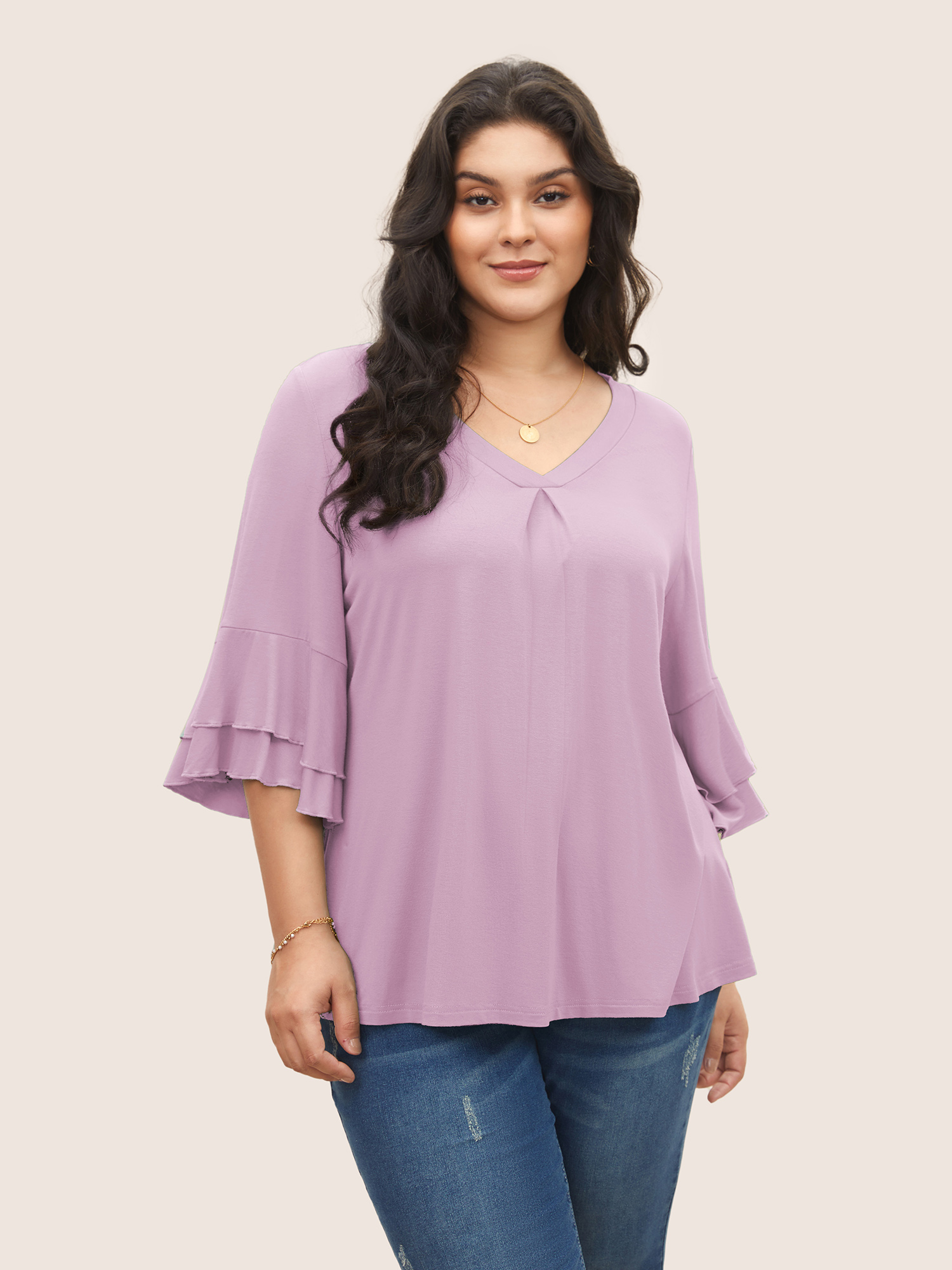 

Plus Size Supersoft Essentials Ruffle Layered Sleeve Pleated T-shirt Lilac Non Short sleeve Elegant Jersey Tops