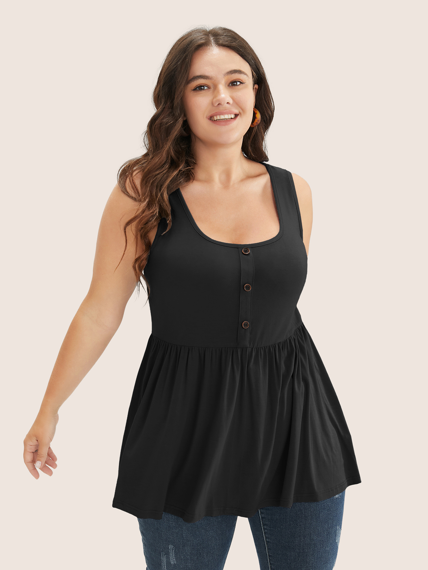 

Plus Size Solid Square Neck Button Detail Ruffle Hem Tank Top Women Black Casual Button Square Neck Everyday Tank Tops Camis BloomChic