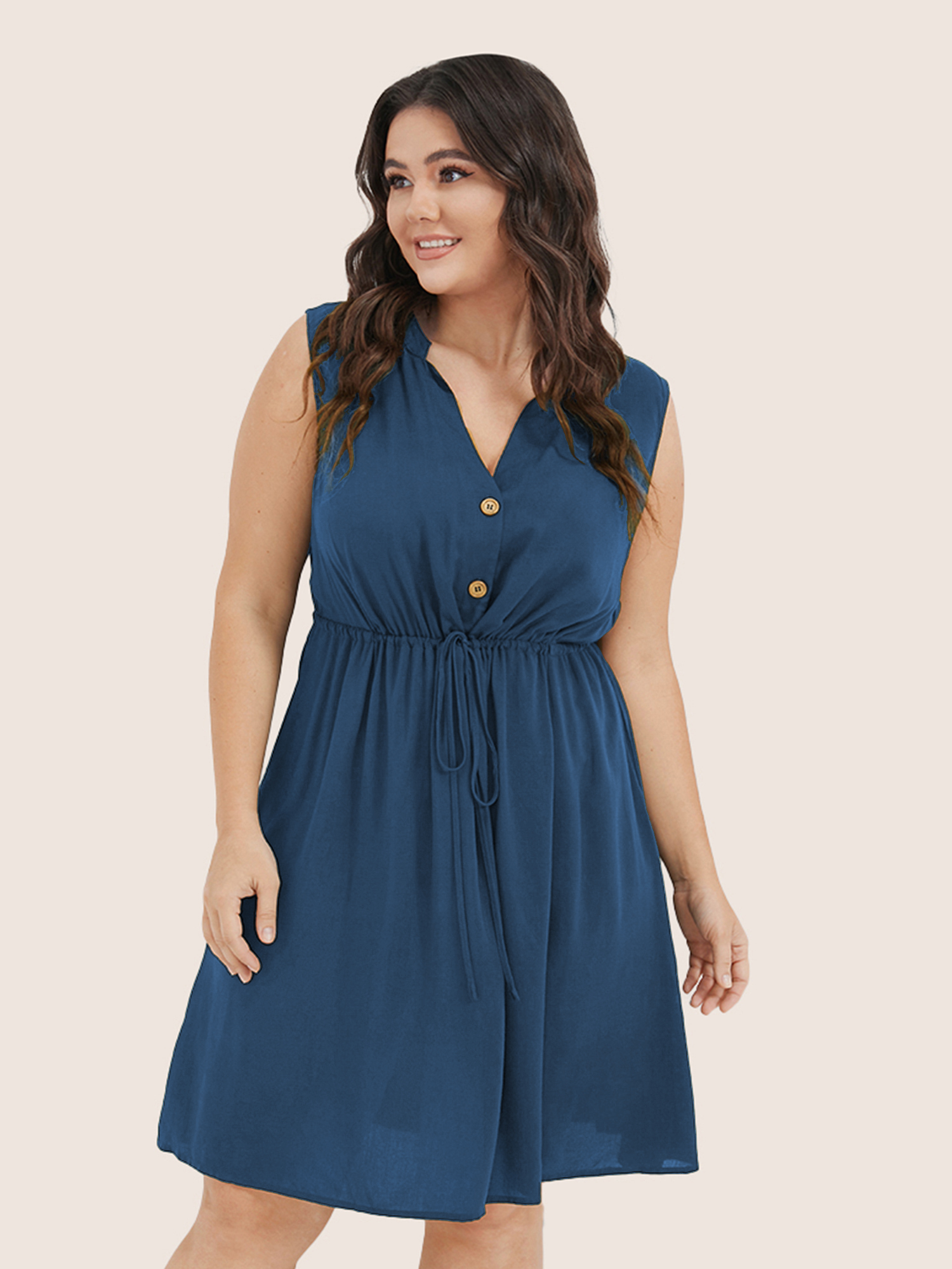 Plus Size Plain Ties Front Button Pocket V Neck Dress Aegean Women Button V-neck Sleeveless Curvy Knee Dress BloomChic 22-24/3X 