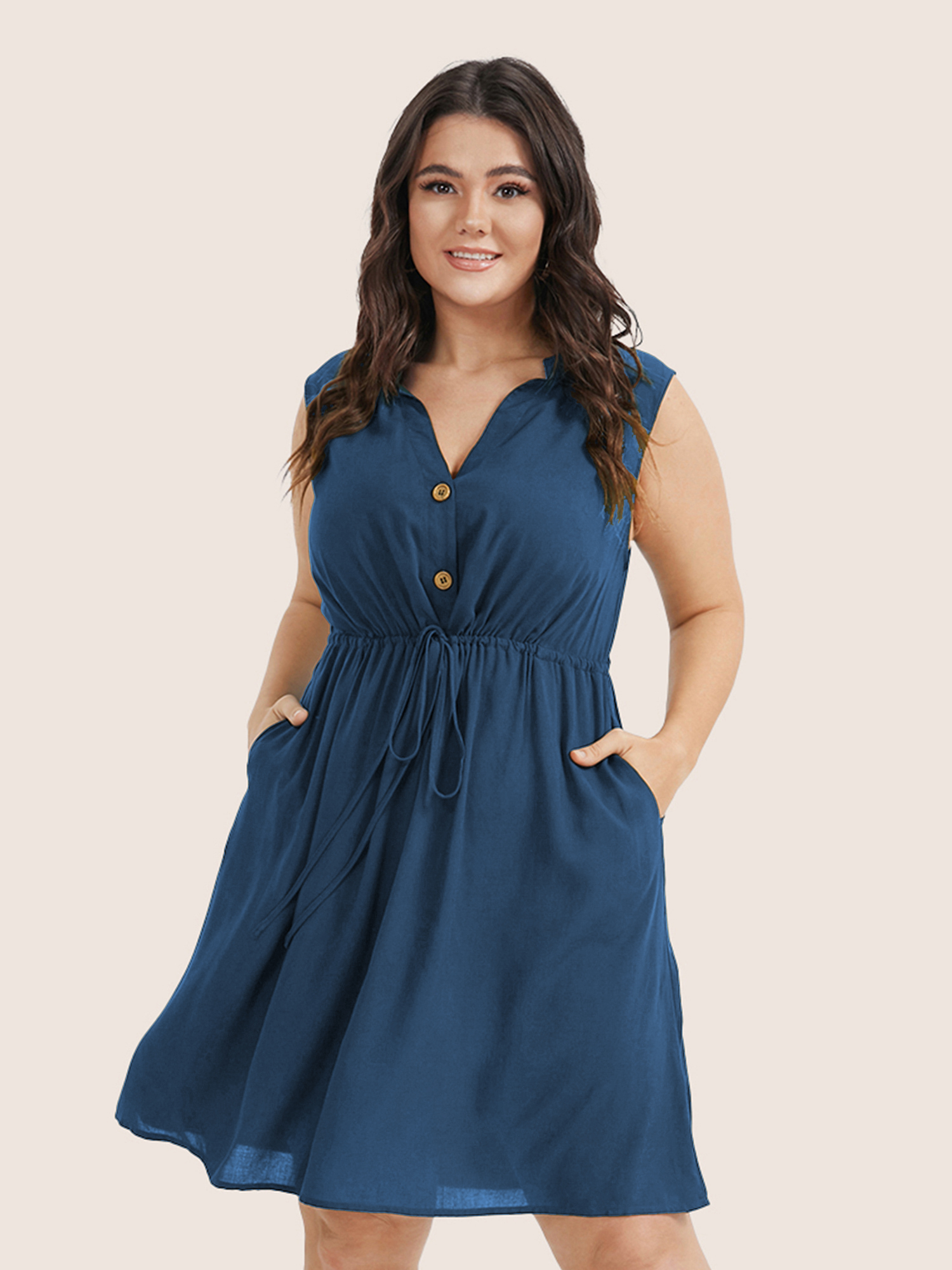

Plus Size Plain Ties Front Button Pocket V Neck Dress Aegean Women Work From Home Button V-neck Sleeveless Curvy Knee Dress BloomChic