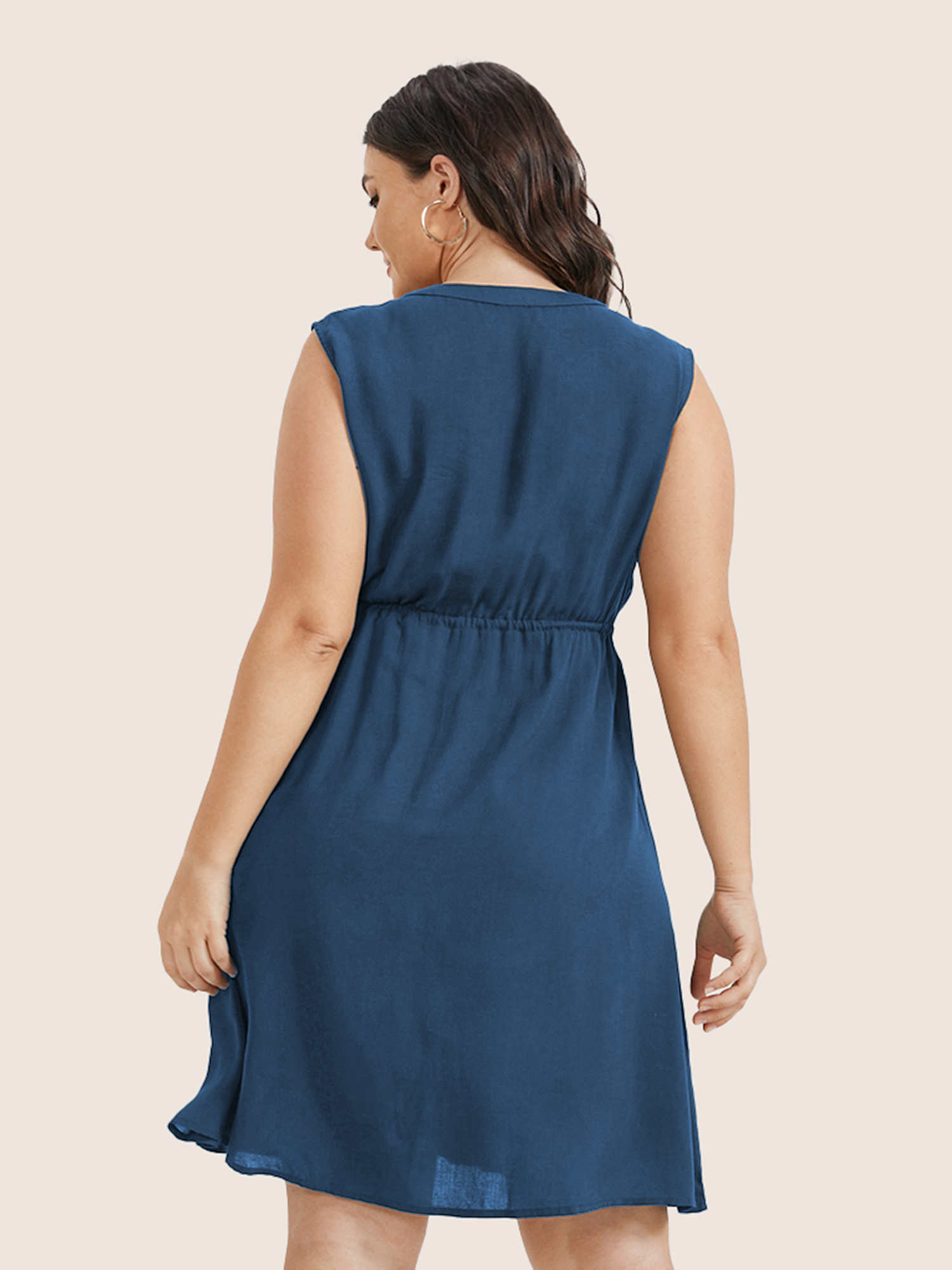 Plus Size Plain Ties Front Button Pocket V Neck Dress Aegean Women Button V-neck Sleeveless Curvy Knee Dress BloomChic 22-24/3X 