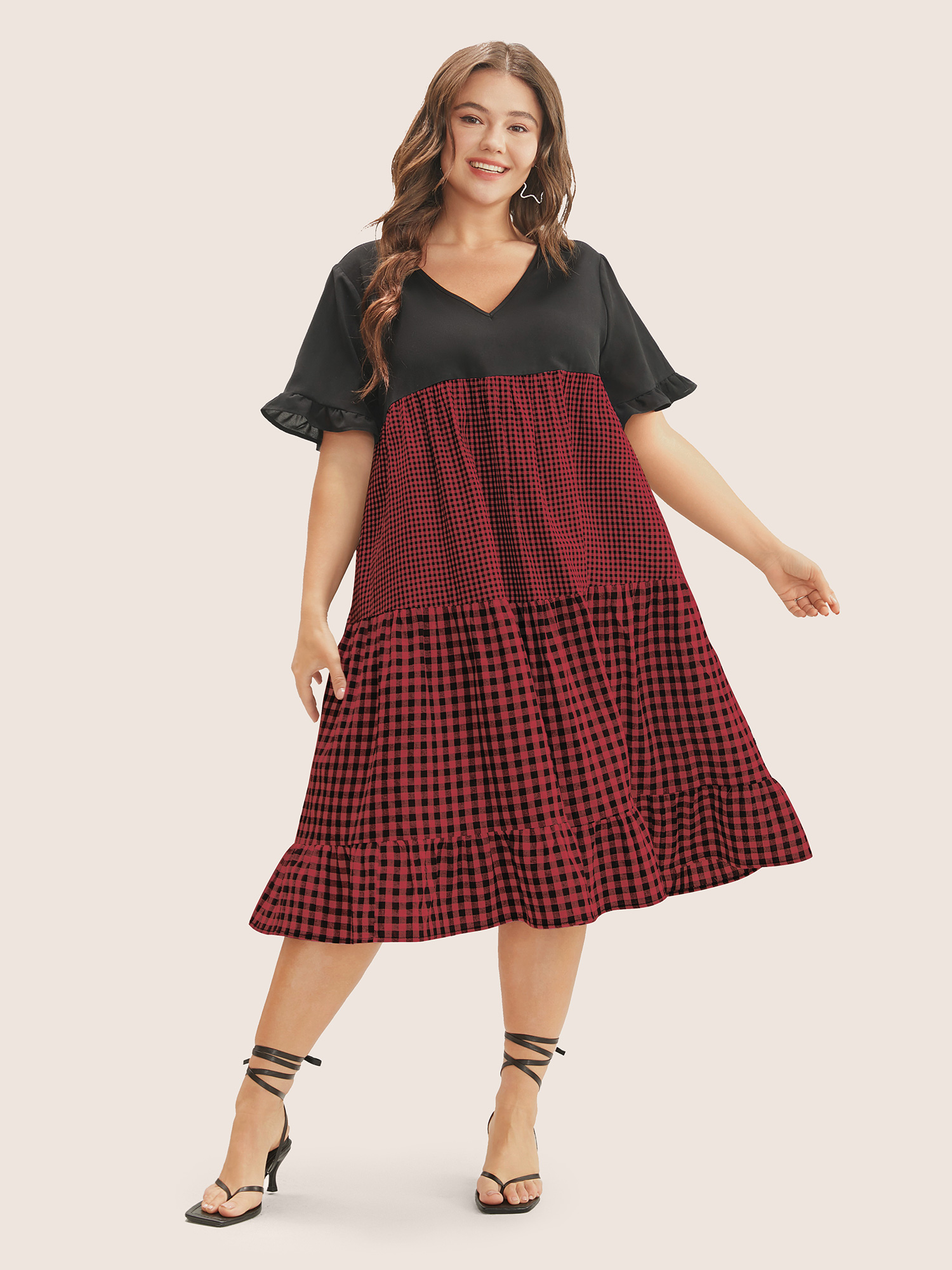 

Plus Size Gingham Patchwork V Neck Pocket Ruffles Dress Crimson Women Casual Non V-neck Half Sleeve Curvy Knee Dress BloomChic