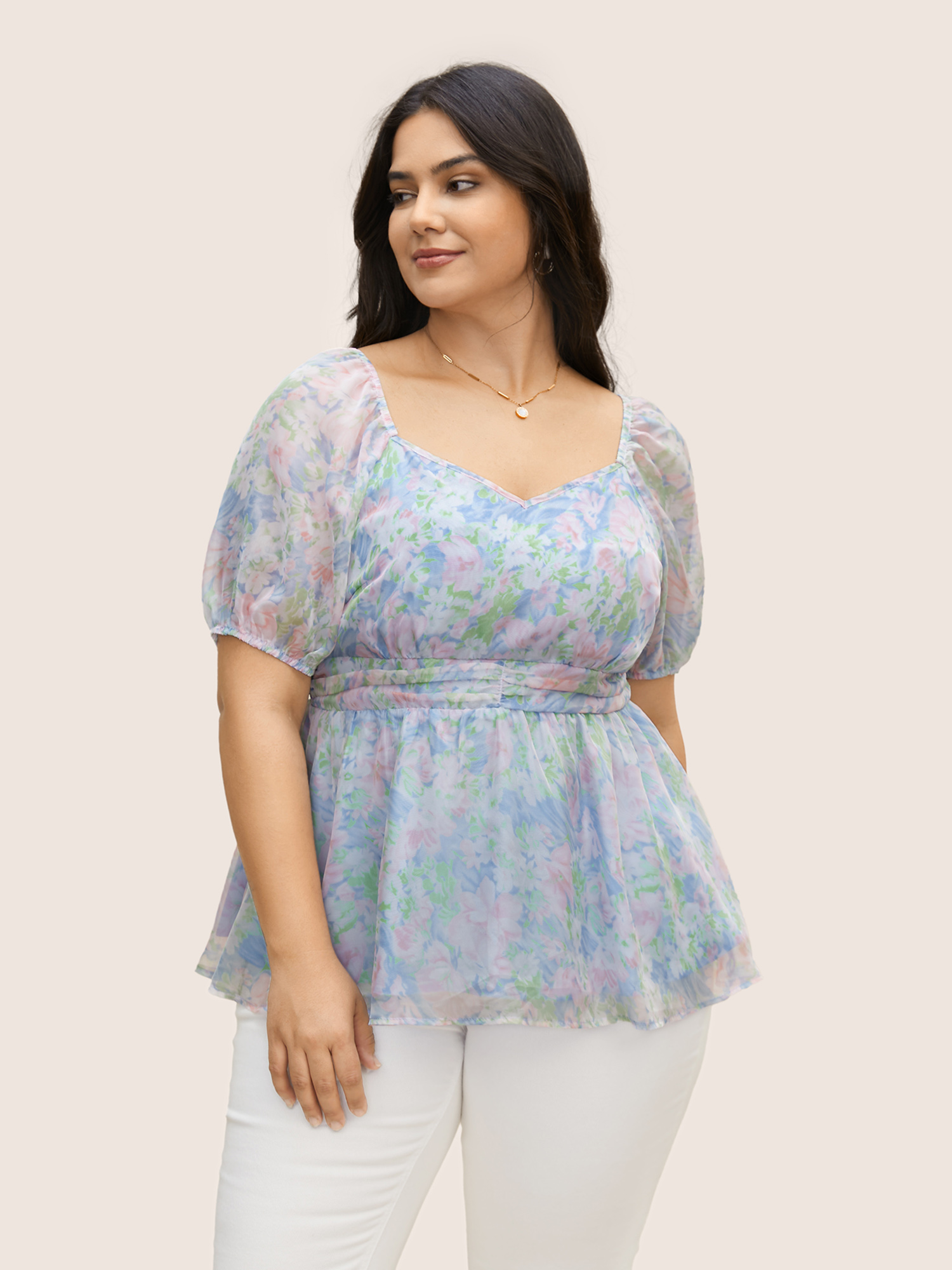 

Plus Size Multicolor Heart Neckline Floral Mesh Ruched Blouse Women Elegant Half Sleeve Heart neckline Everyday Blouses BloomChic