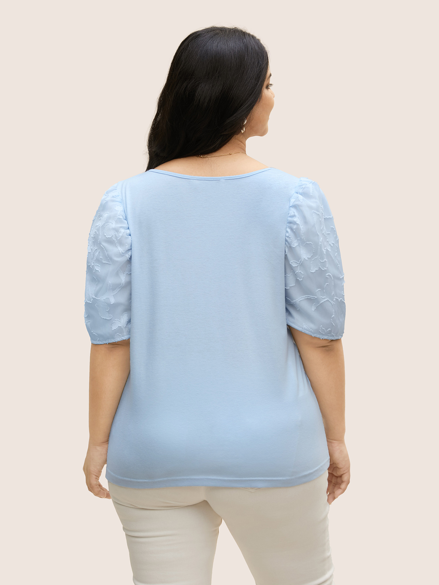 Plus Size U Neck Chiffon Patchwork Bishop Sleeve T-shirt LightBlue Women Elegant Gathered U-neck Everyday T-shirts BloomChic 14-16/1X 