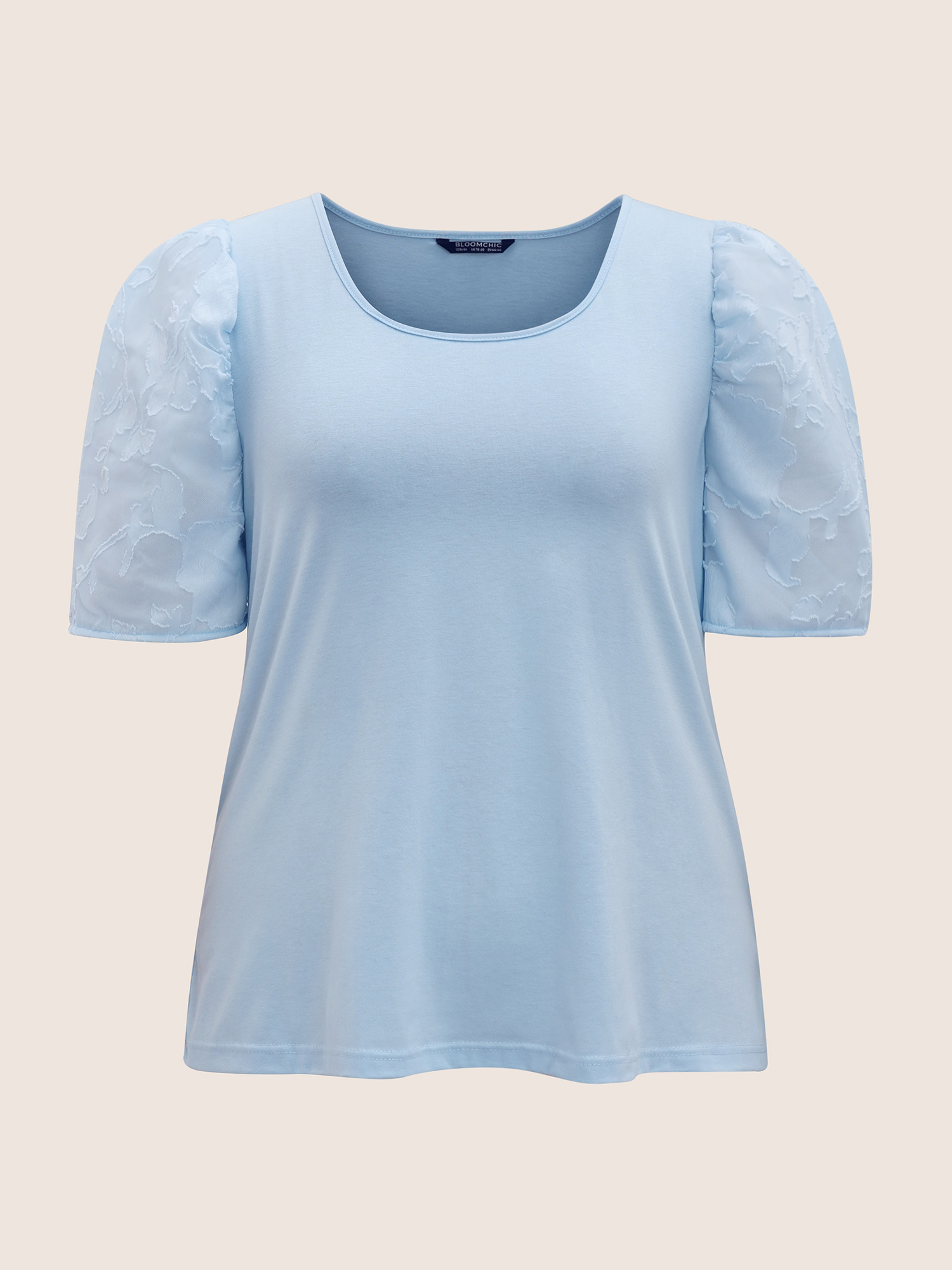 Plus Size U Neck Chiffon Patchwork Bishop Sleeve T-shirt LightBlue Women Elegant Gathered U-neck Everyday T-shirts BloomChic 14-16/1X 