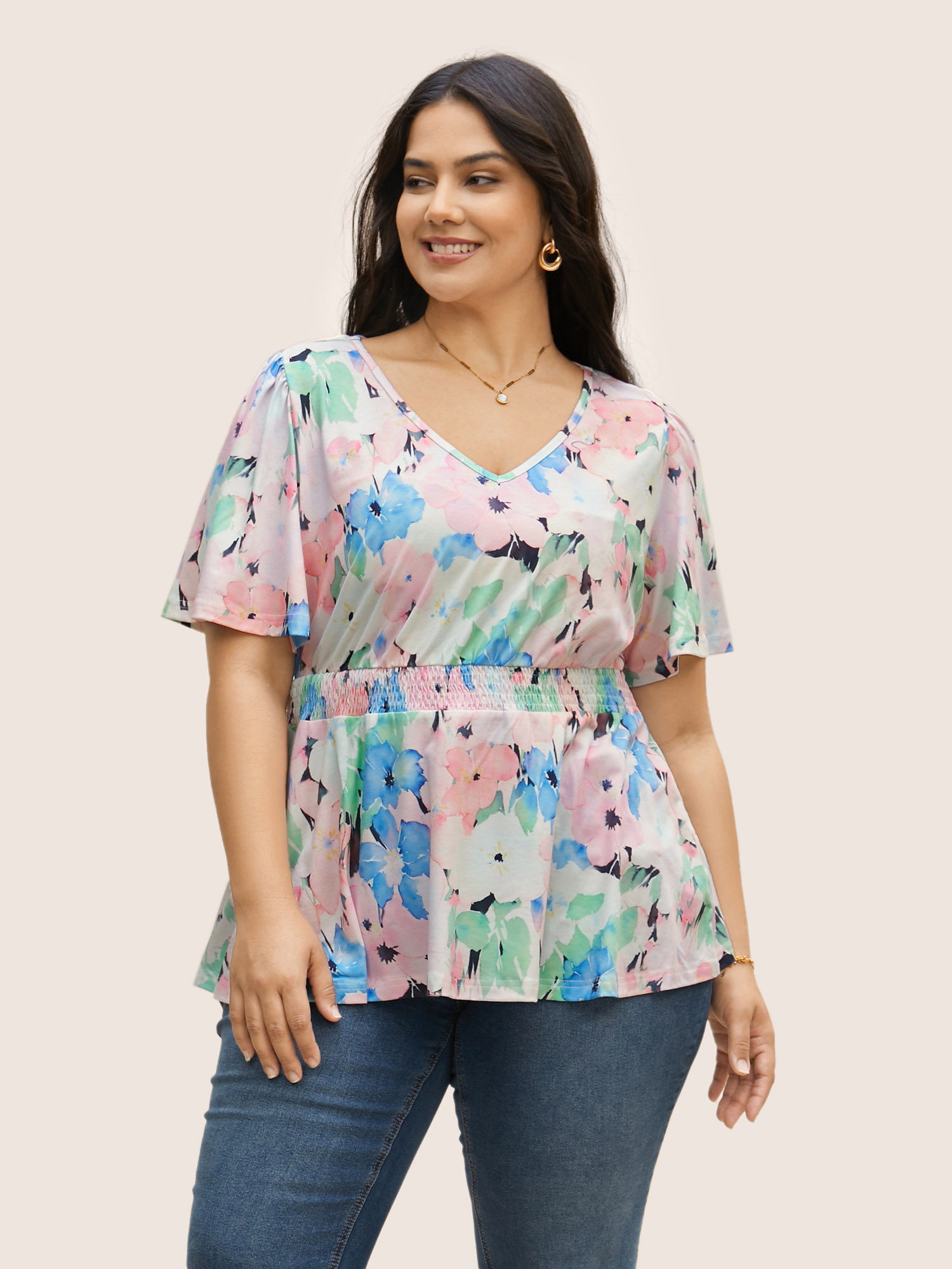 

V Neck Floral Shirred Flutter Sleeve T-shirt, Multicolor