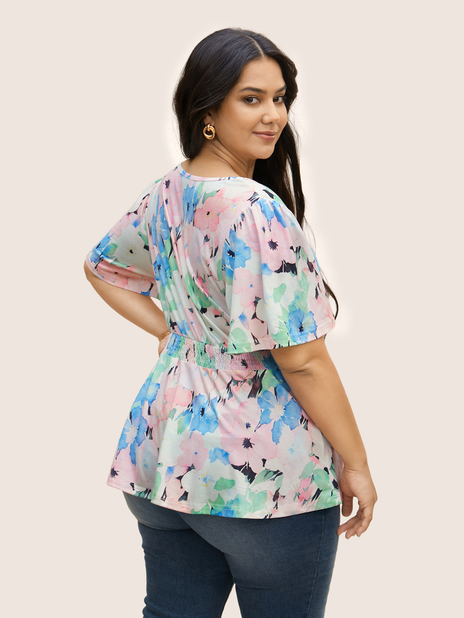 Plus Size V Neck Floral Shirred Flutter Sleeve T-shirt Multicolor Women Elegant Contrast Figure V-neck Everyday T-shirts BloomChic 18-20/2X 