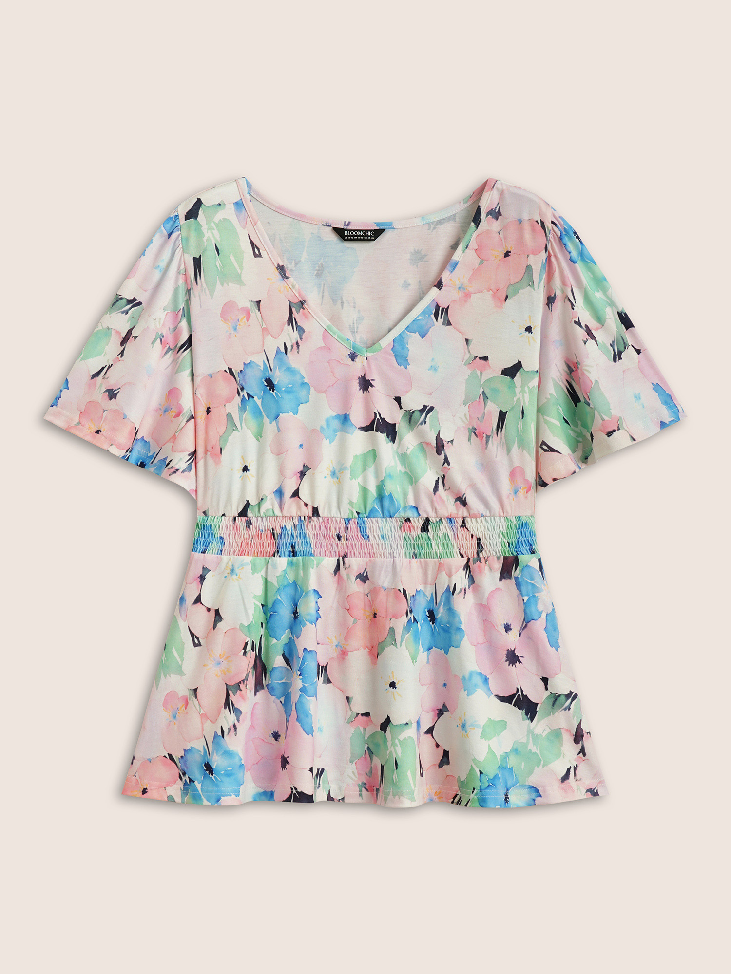 Plus Size V Neck Floral Shirred Flutter Sleeve T-shirt Multicolor Women Elegant Contrast Figure V-neck Everyday T-shirts BloomChic 18-20/2X 