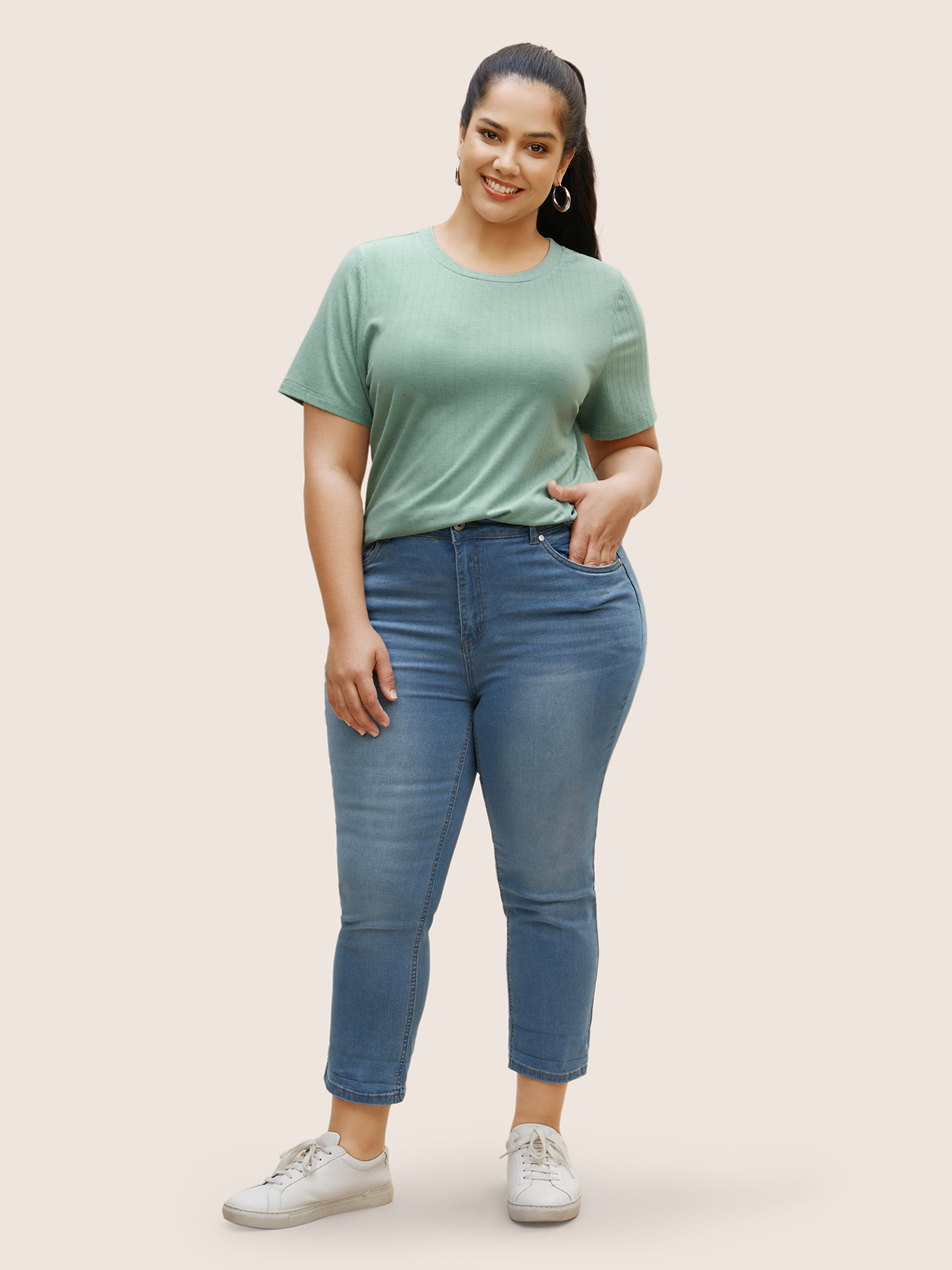 Plus Size Crew Neck Plain Textured Pit Strip T-shirt Palemauve Women Casual Texture Round Neck Everyday T-shirts BloomChic 18-20/2X 