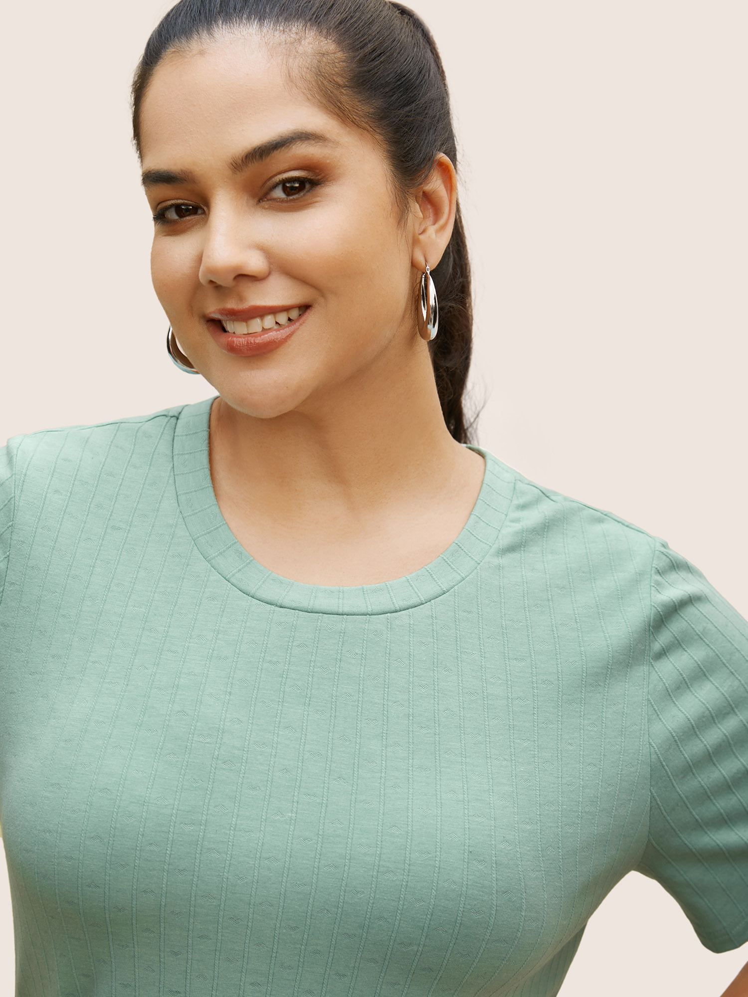 Plus Size Crew Neck Plain Textured Pit Strip T-shirt Palemauve Women Casual Texture Round Neck Everyday T-shirts BloomChic 18-20/2X 