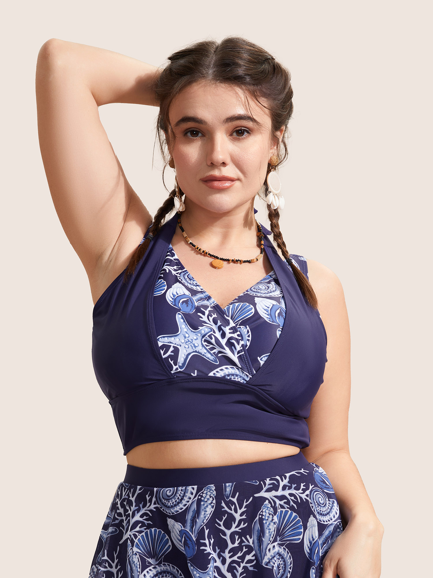 Plus Size Marine Elements Patchwork Tie Knot Swim Top Women`s Swimwear Indigo Beach Cross straps High stretch Skinny V-neck Curve Swim Tops BloomChic 14-16/1X 