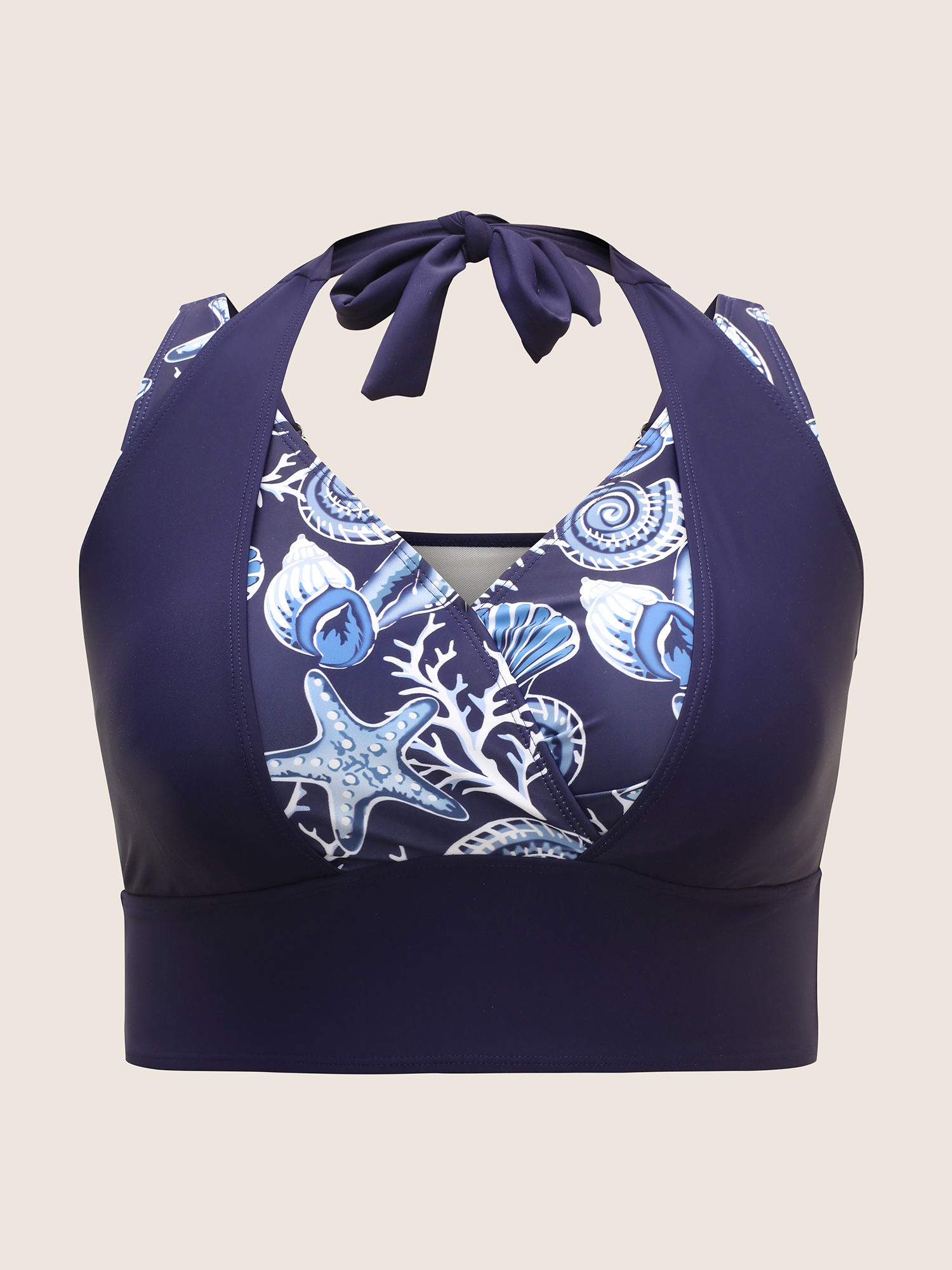 Plus Size Marine Elements Patchwork Tie Knot Swim Top Women`s Swimwear Indigo Beach Cross straps High stretch Skinny V-neck Curve Swim Tops BloomChic 14-16/1X 