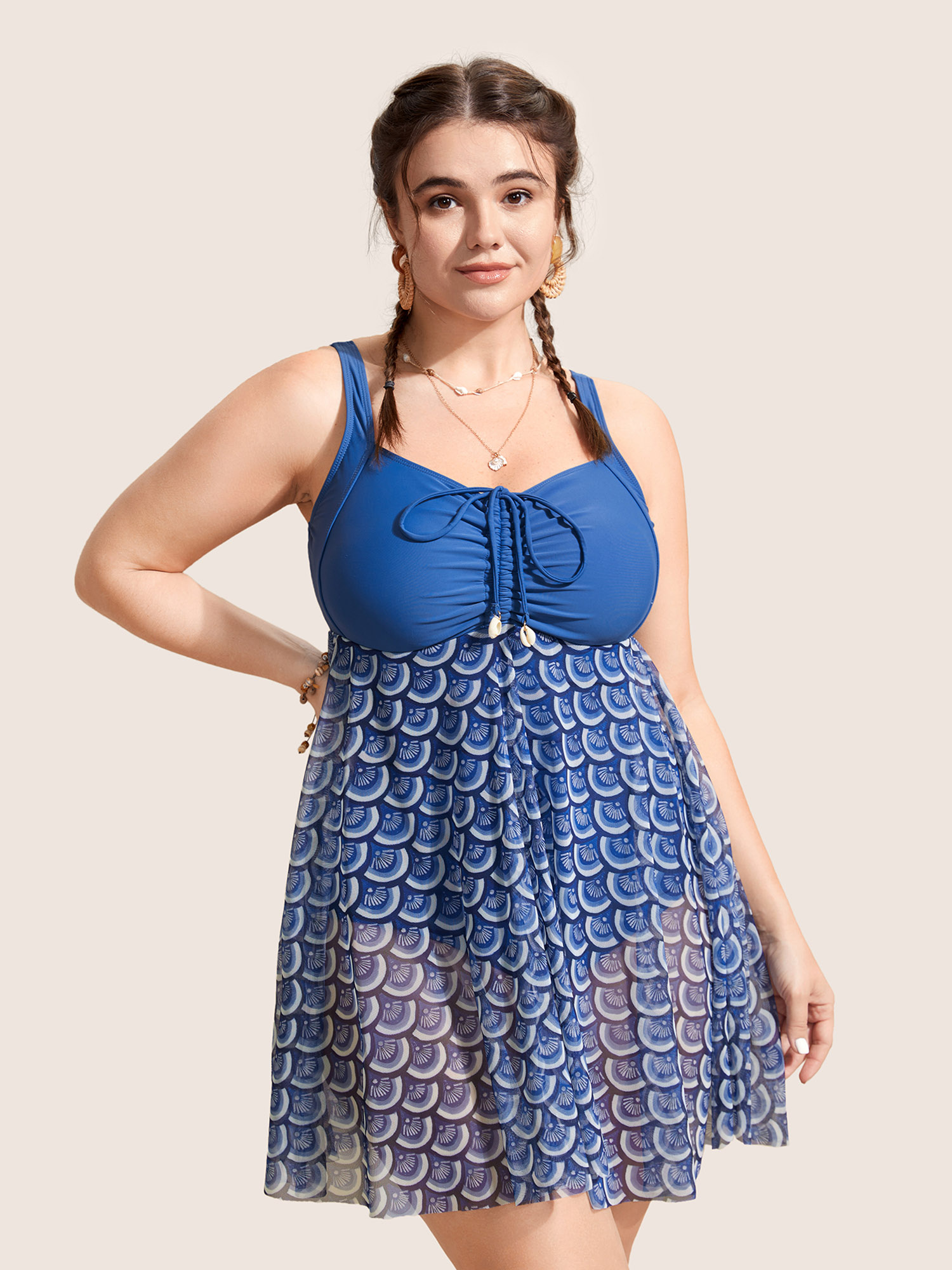 

Plus Size Marine Elements Patchwork Drawstring Mesh Swim Dress Women's Swimwear Mediumblue Beach Bodycon Heart neckline High stretch Curve Swim Dresses BloomChic