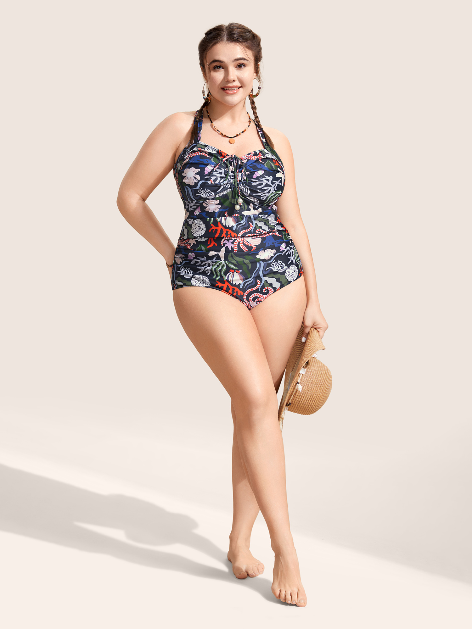 Plus Size Marine Elements Drawstring Gathered One Piece Swimsuit Women`s Swimwear Multicolor Beach Gathered Curve Bathing Suits High stretch One Pieces BloomChic 26/4X 