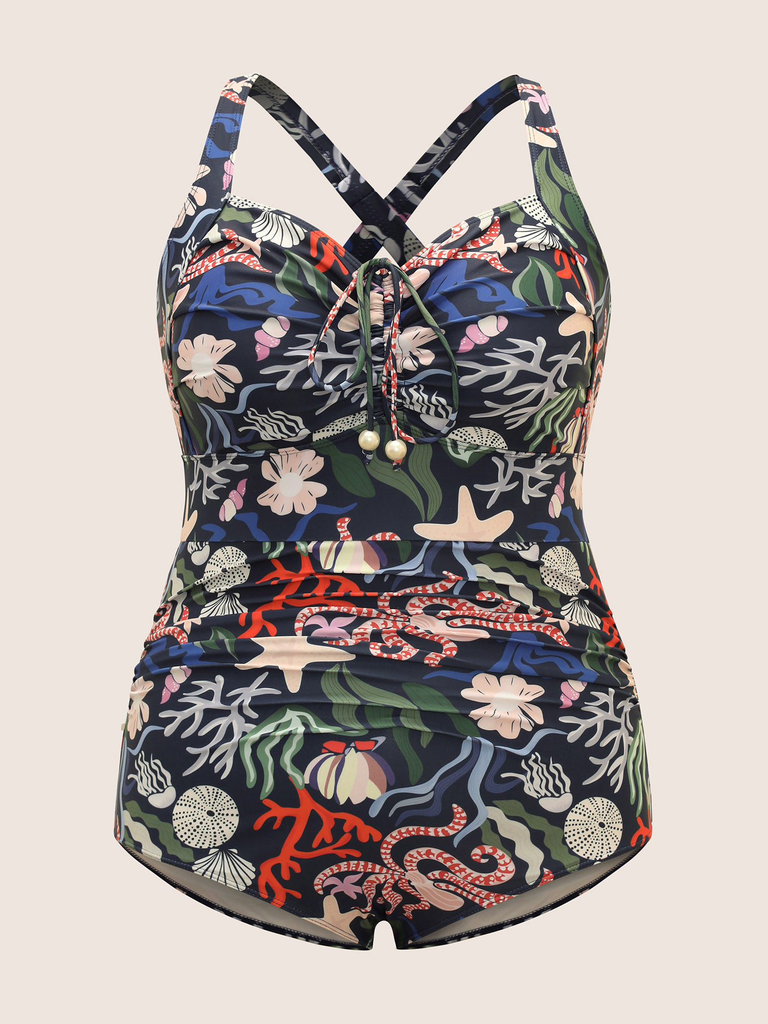 Plus Size Marine Elements Drawstring Gathered One Piece Swimsuit Women`s Swimwear Multicolor Beach Gathered Curve Bathing Suits High stretch One Pieces BloomChic 26/4X 