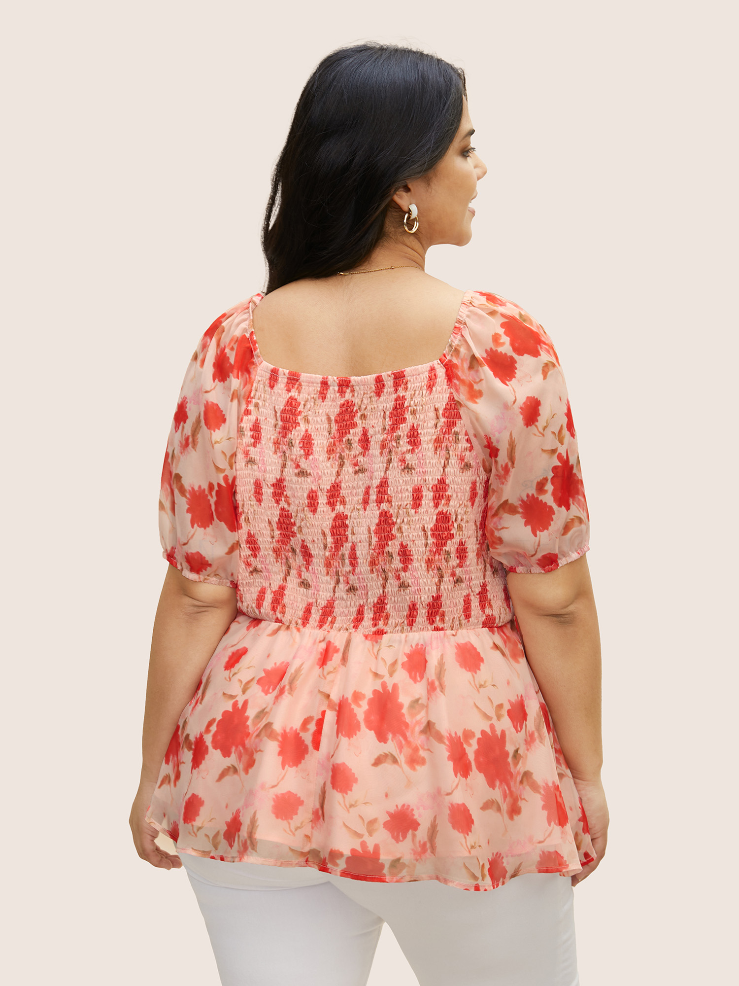 Plus Size Multicolor Floral Elastic Waist Mesh Ruched Blouse Women Elegant Short sleeve Heart neckline Everyday Blouses BloomChic 14-16/1X 