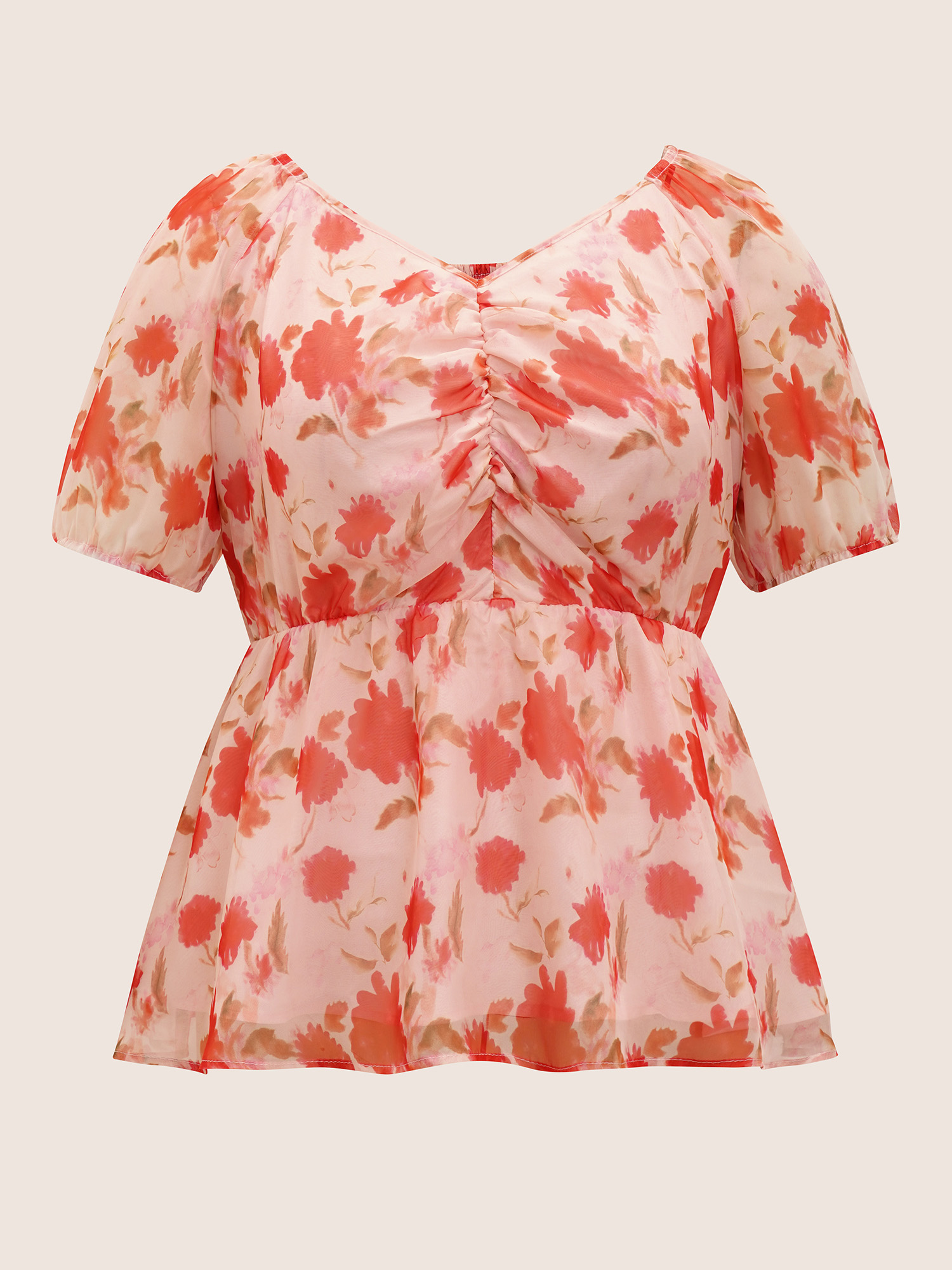 Plus Size Multicolor Floral Elastic Waist Mesh Ruched Blouse Women Elegant Short sleeve Heart neckline Everyday Blouses BloomChic 14-16/1X 
