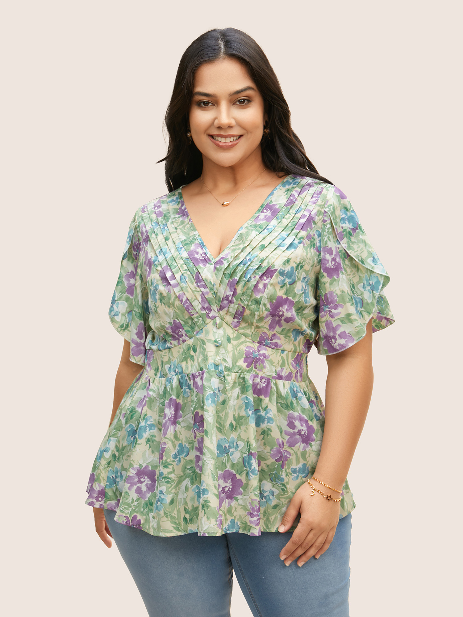 

Plus Size Multicolor V Neck Floral Petal Sleeve Pleated Blouse Women Elegant Short sleeve V-neck Everyday Blouses BloomChic