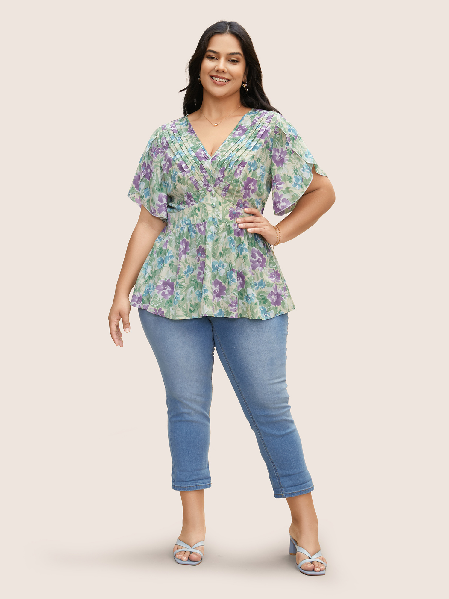 Plus Size Multicolor V Neck Floral Petal Sleeve Pleated Blouse Women Elegant Short sleeve V-neck Everyday Blouses BloomChic 28/5X 