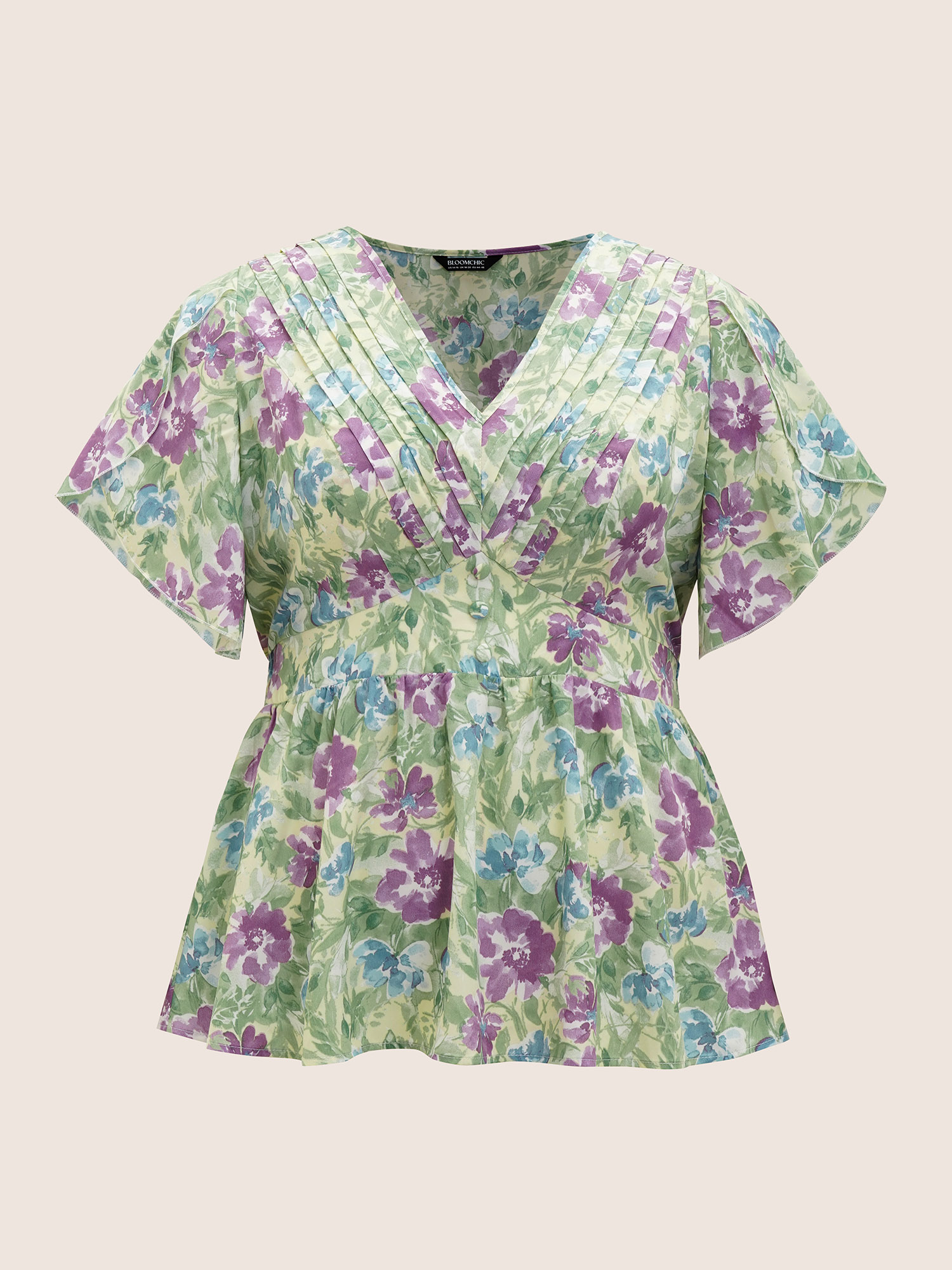 Plus Size Multicolor V Neck Floral Petal Sleeve Pleated Blouse Women Elegant Short sleeve V-neck Everyday Blouses BloomChic 28/5X 