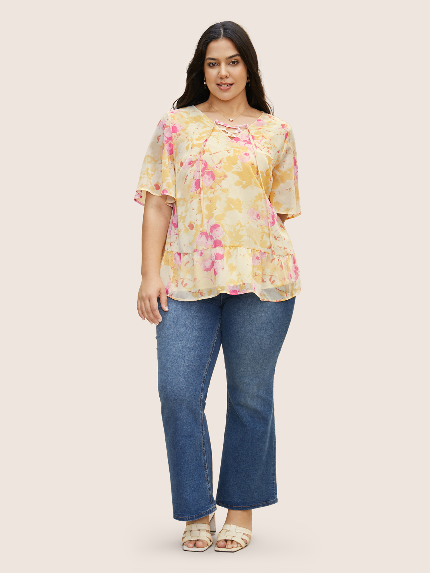 Plus Size Lightyellow Floral Flutter Sleeve Lace Up Blouse Women Elegant Half Sleeve V-neck Everyday Blouses BloomChic 14-16/1X 