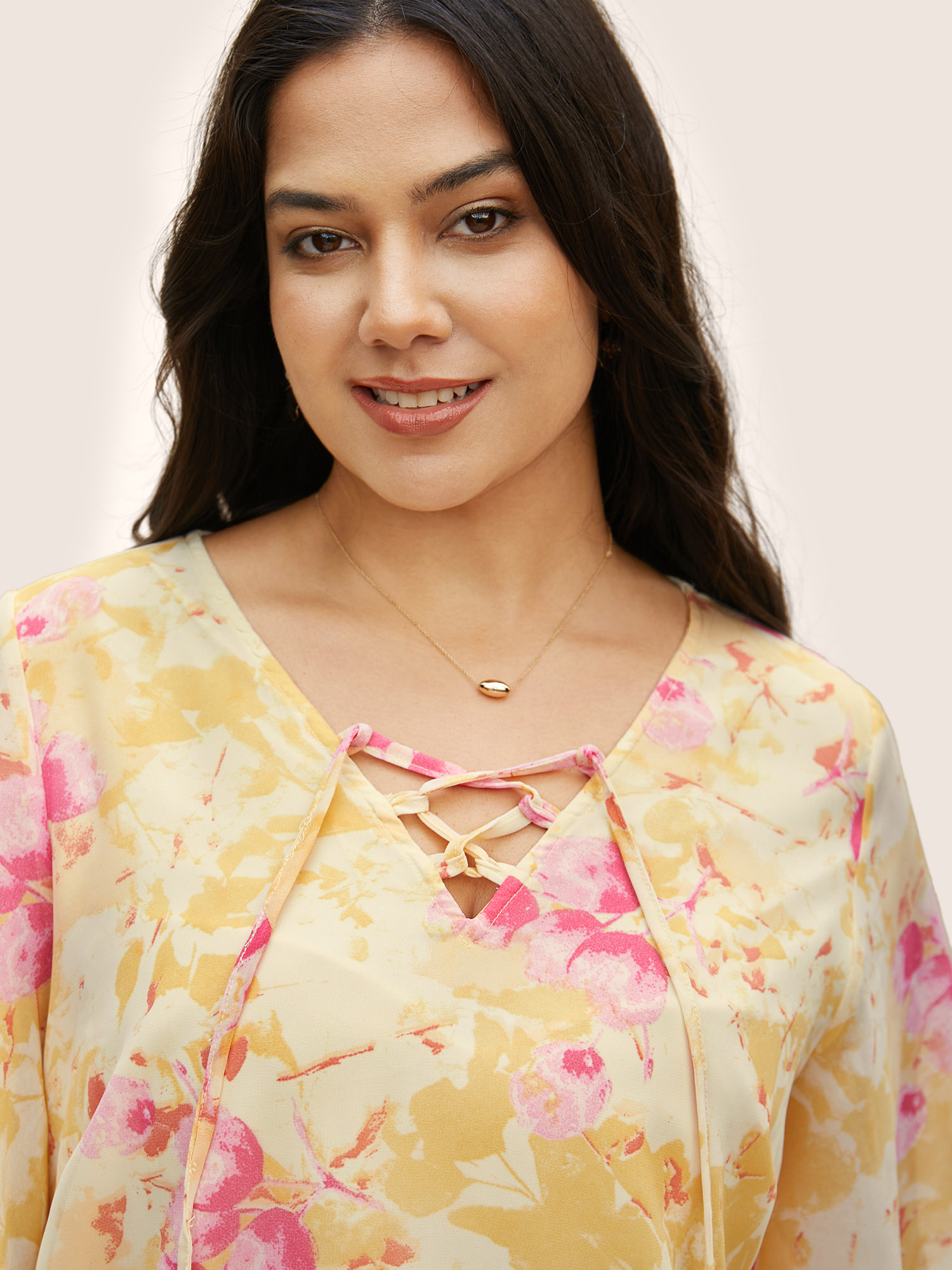 Plus Size Lightyellow Floral Flutter Sleeve Lace Up Blouse Women Elegant Half Sleeve V-neck Everyday Blouses BloomChic 14-16/1X 