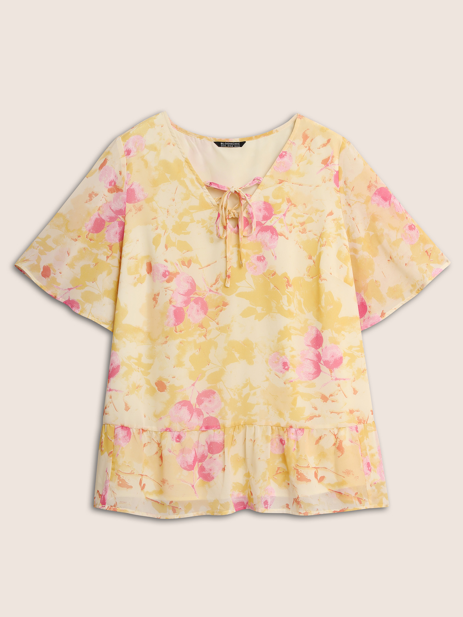 Plus Size Lightyellow Floral Flutter Sleeve Lace Up Blouse Women Elegant Half Sleeve V-neck Everyday Blouses BloomChic 14-16/1X 