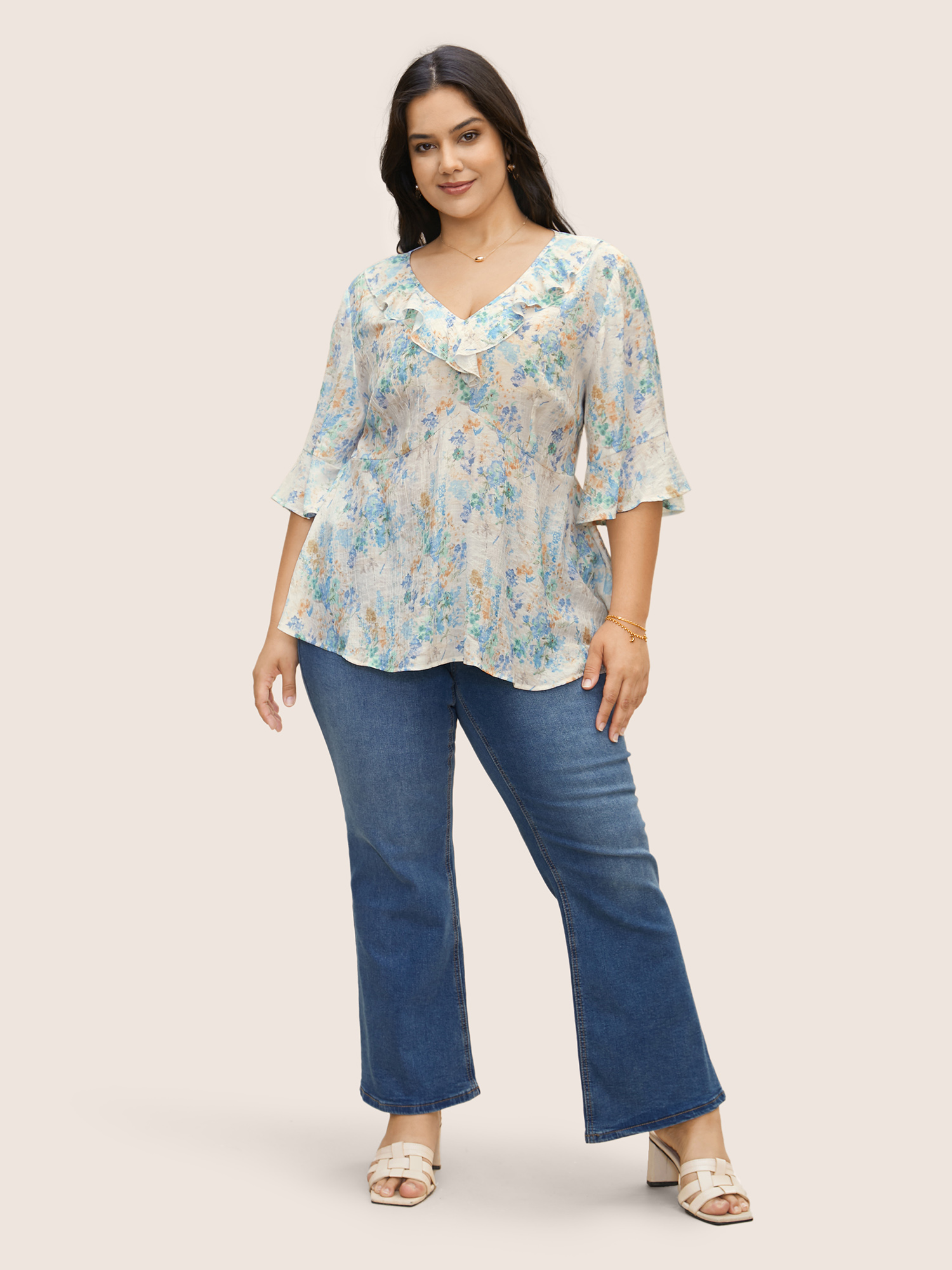 Plus Size LightBlue Floral Bell Sleeve Ruffle Trim Blouse Women Elegant Elbow-length sleeve V-neck Everyday Blouses BloomChic 22-24/3X 