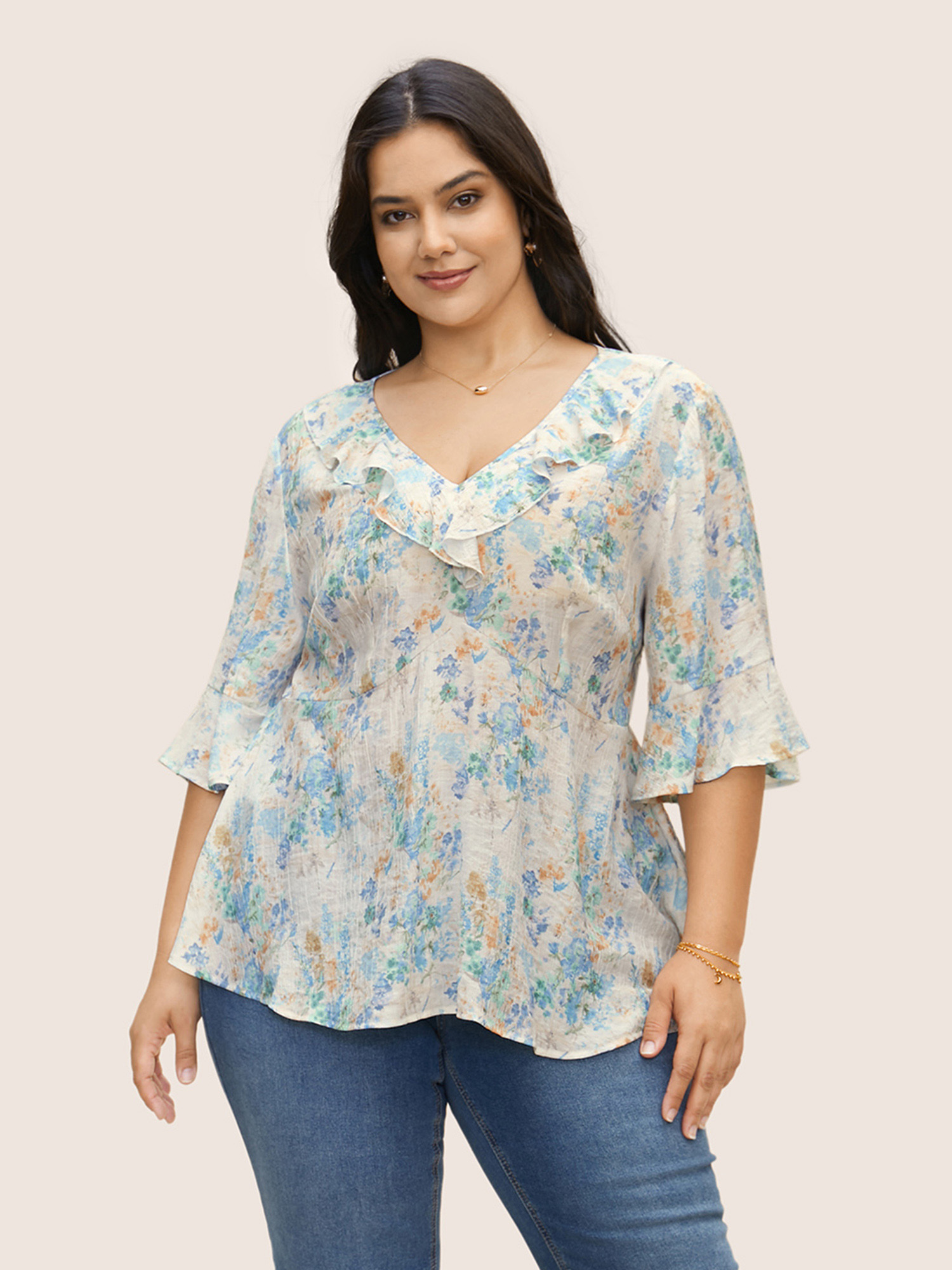 Plus Size LightBlue Floral Bell Sleeve Ruffle Trim Blouse Women Elegant Elbow-length sleeve V-neck Everyday Blouses BloomChic 22-24/3X 