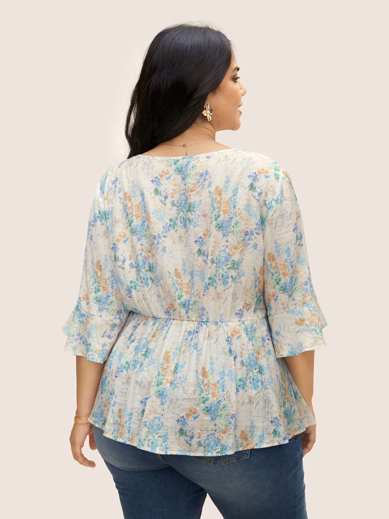 Plus Size LightBlue Floral Bell Sleeve Ruffle Trim Blouse Women Elegant Elbow-length sleeve V-neck Everyday Blouses BloomChic 22-24/3X 