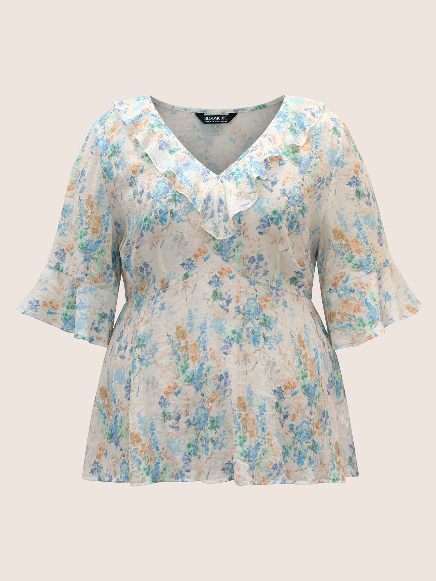 Plus Size LightBlue Floral Bell Sleeve Ruffle Trim Blouse Women Elegant Elbow-length sleeve V-neck Everyday Blouses BloomChic 22-24/3X 