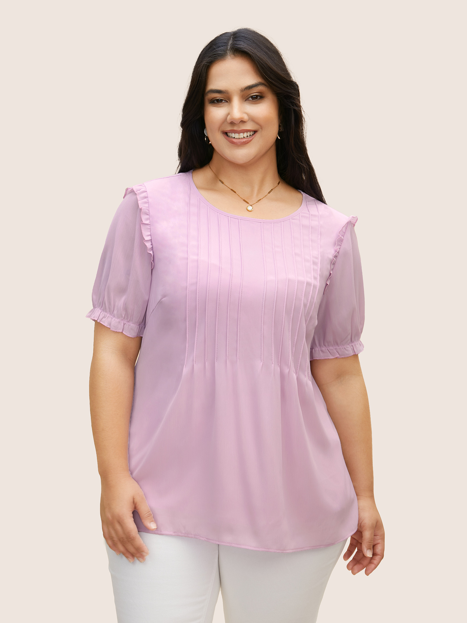 

Plus Size Lavender Solid Mesh Pleated Lantern Sleeve Blouse Women Elegant Short sleeve Round Neck Everyday Blouses BloomChic