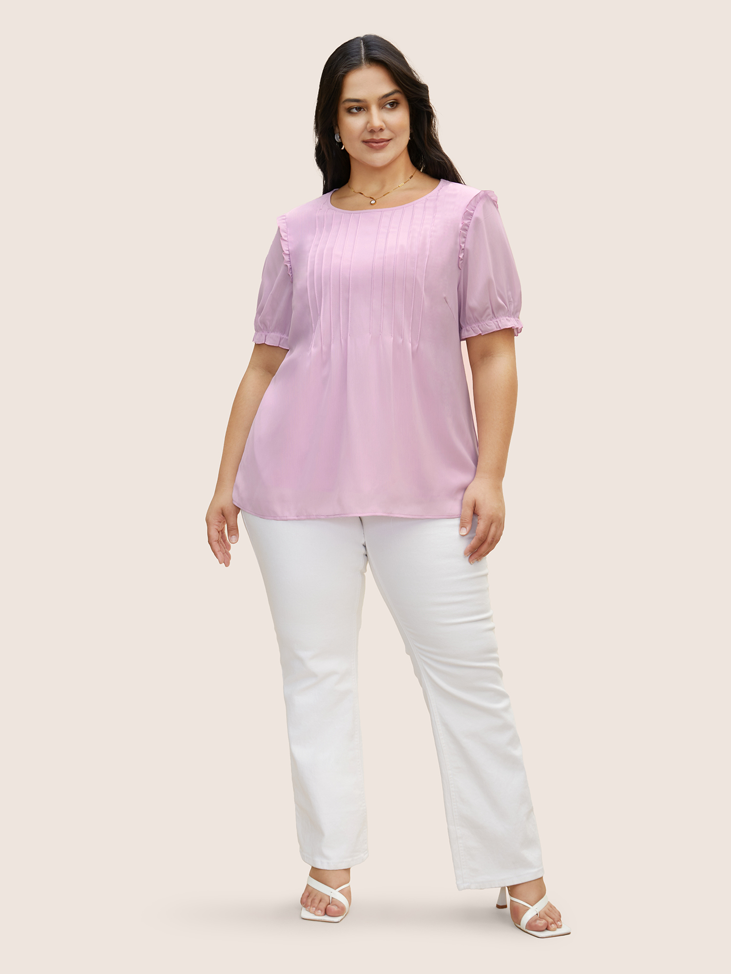 Plus Size Lavender Solid Mesh Pleated Lantern Sleeve Blouse Women Elegant Short sleeve Round Neck Everyday Blouses BloomChic 18-20/2X 