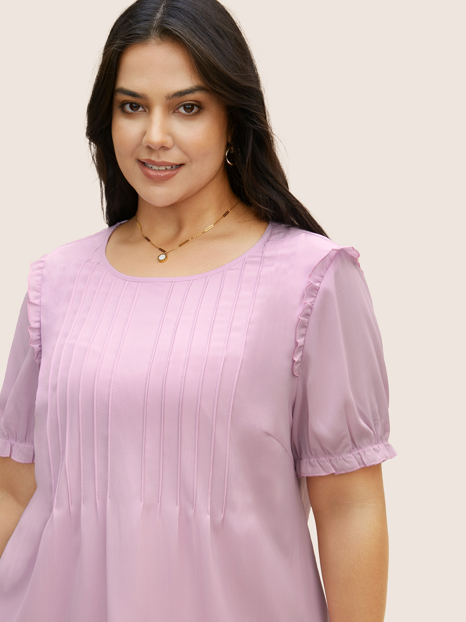Plus Size Lavender Solid Mesh Pleated Lantern Sleeve Blouse Women Elegant Short sleeve Round Neck Everyday Blouses BloomChic 18-20/2X 