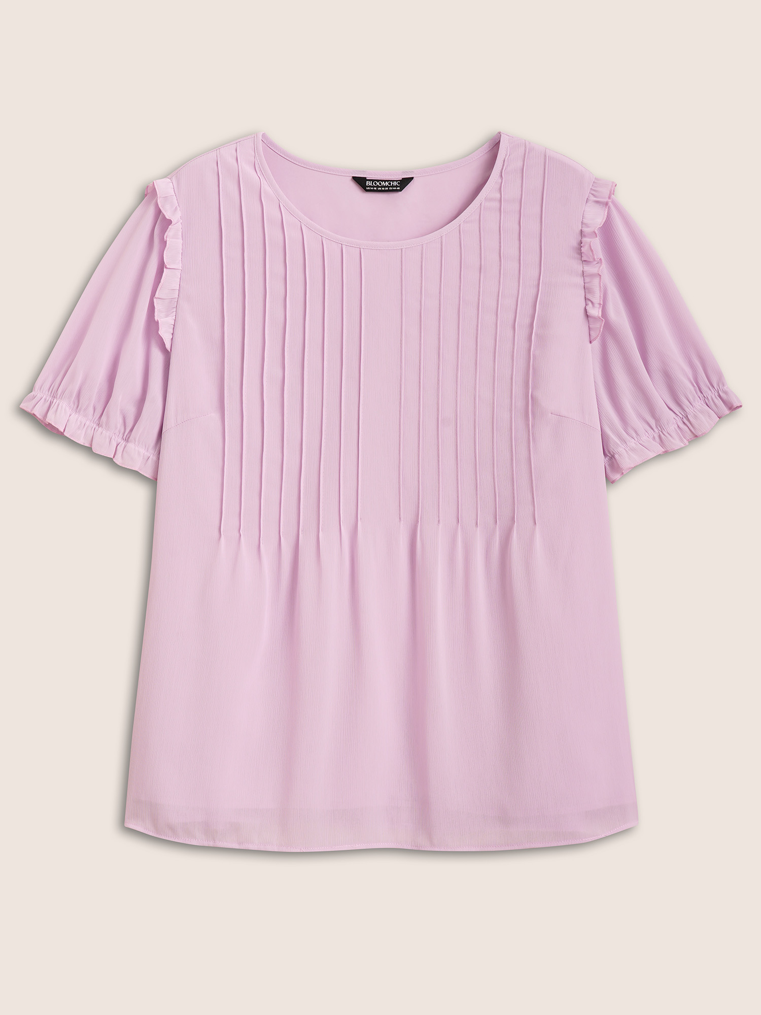 Plus Size Lavender Solid Mesh Pleated Lantern Sleeve Blouse Women Elegant Short sleeve Round Neck Everyday Blouses BloomChic 18-20/2X 